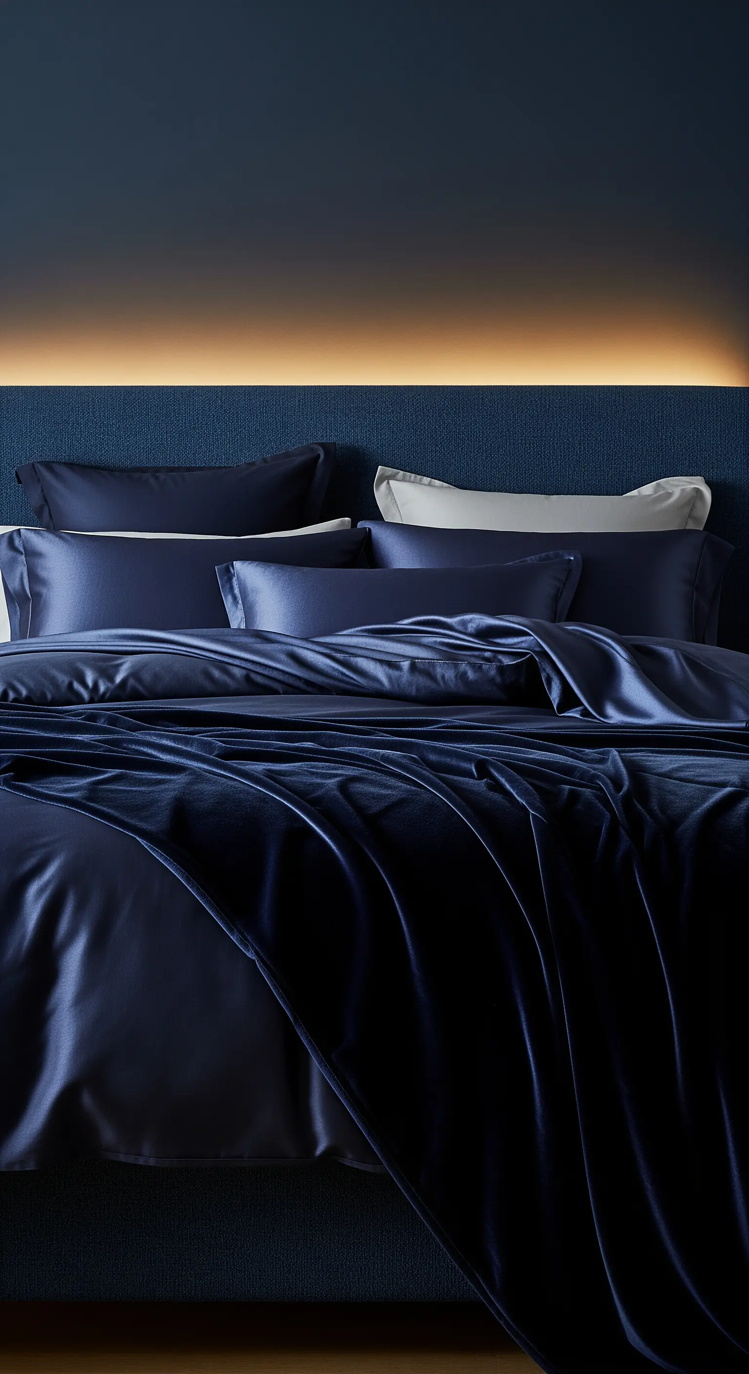 Hintergrundbeleuchtetes Kopfteil in nachtblauem Schlafzimmer