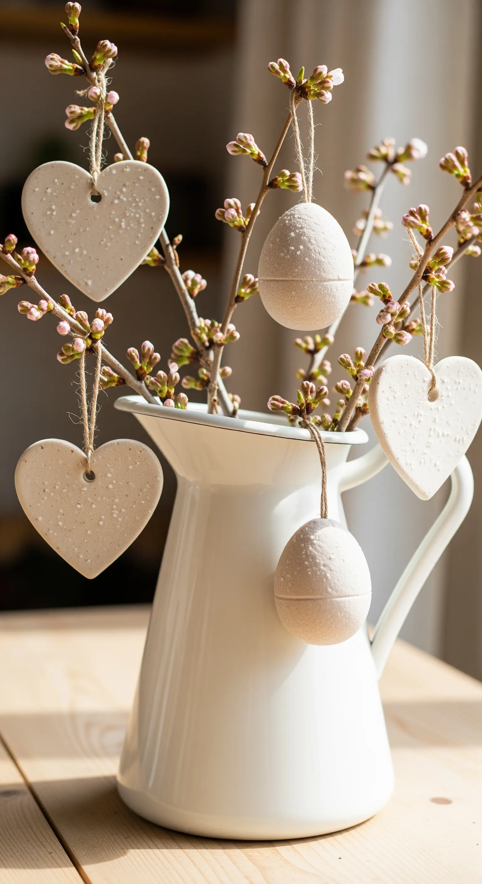 Blühende Zweige in Emaille-Kanne mit gesprenkelten Keramik-Anhängern (Eier, Herzen)