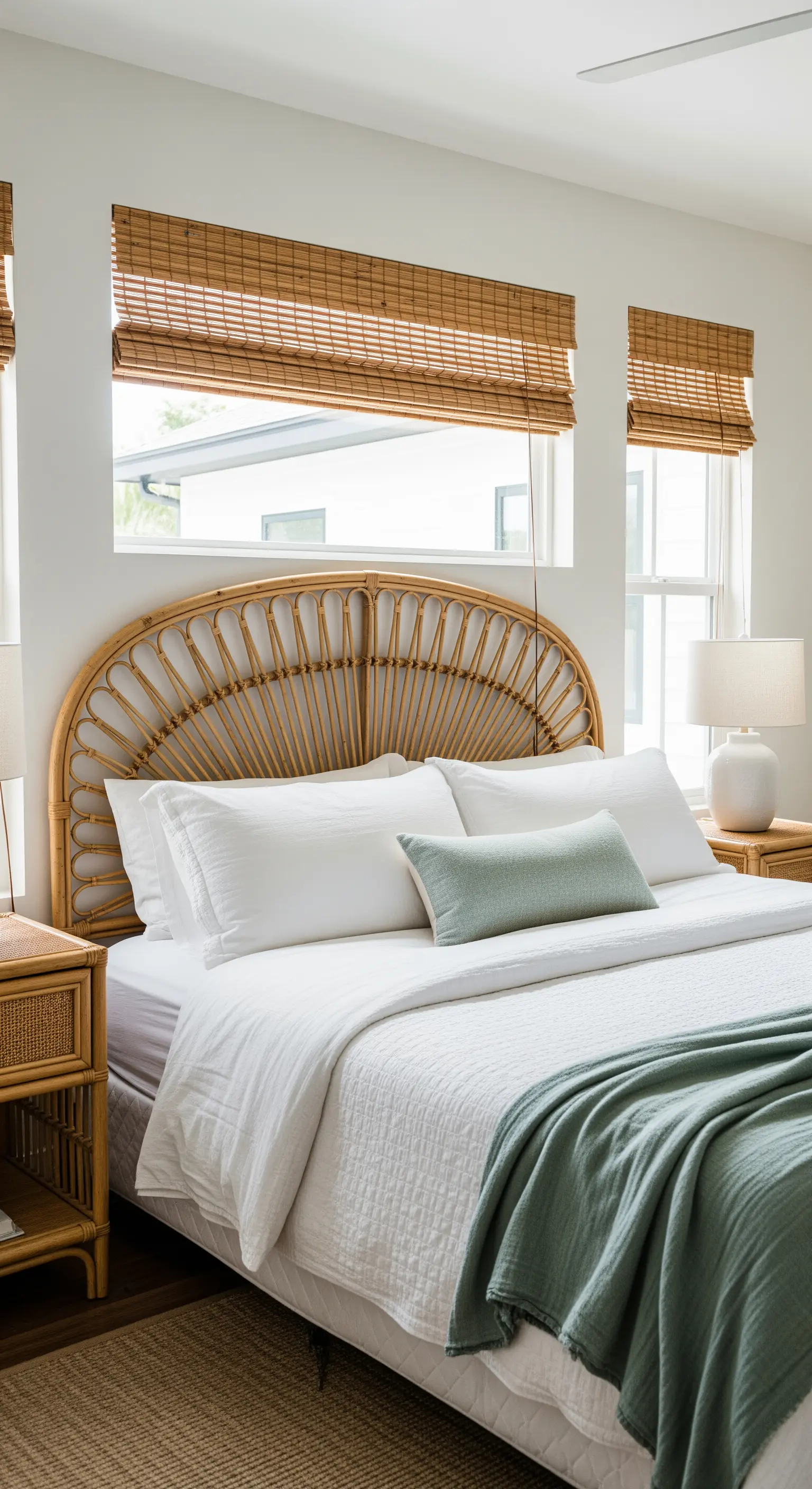 Schlafzimmer mit Rattan-Kopfteil, Bambus-Rollos und weißer Bettwäsche