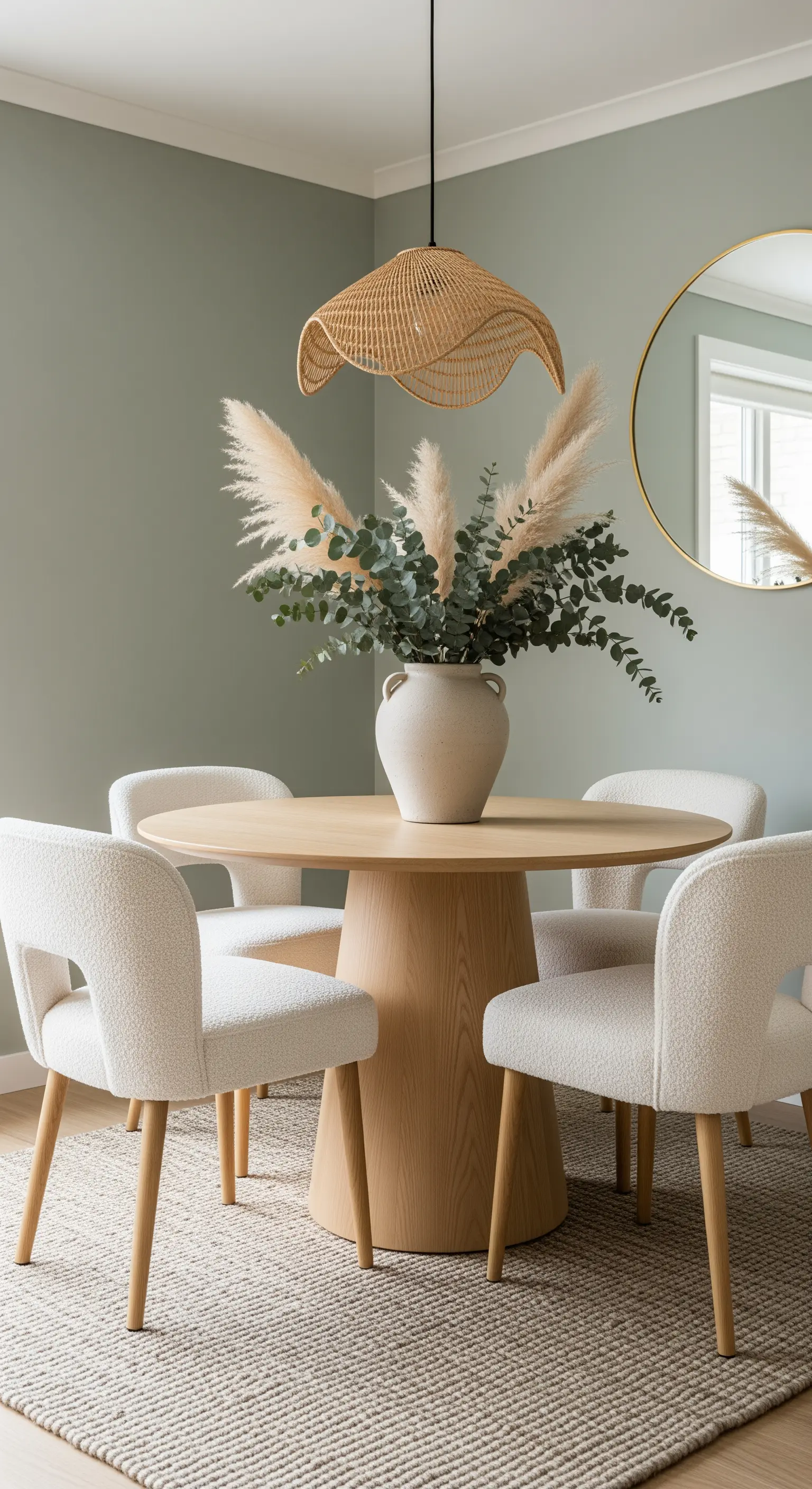 Runder Holztisch mit Pampasgras-Vase vor einer salbeigrünen Wand.