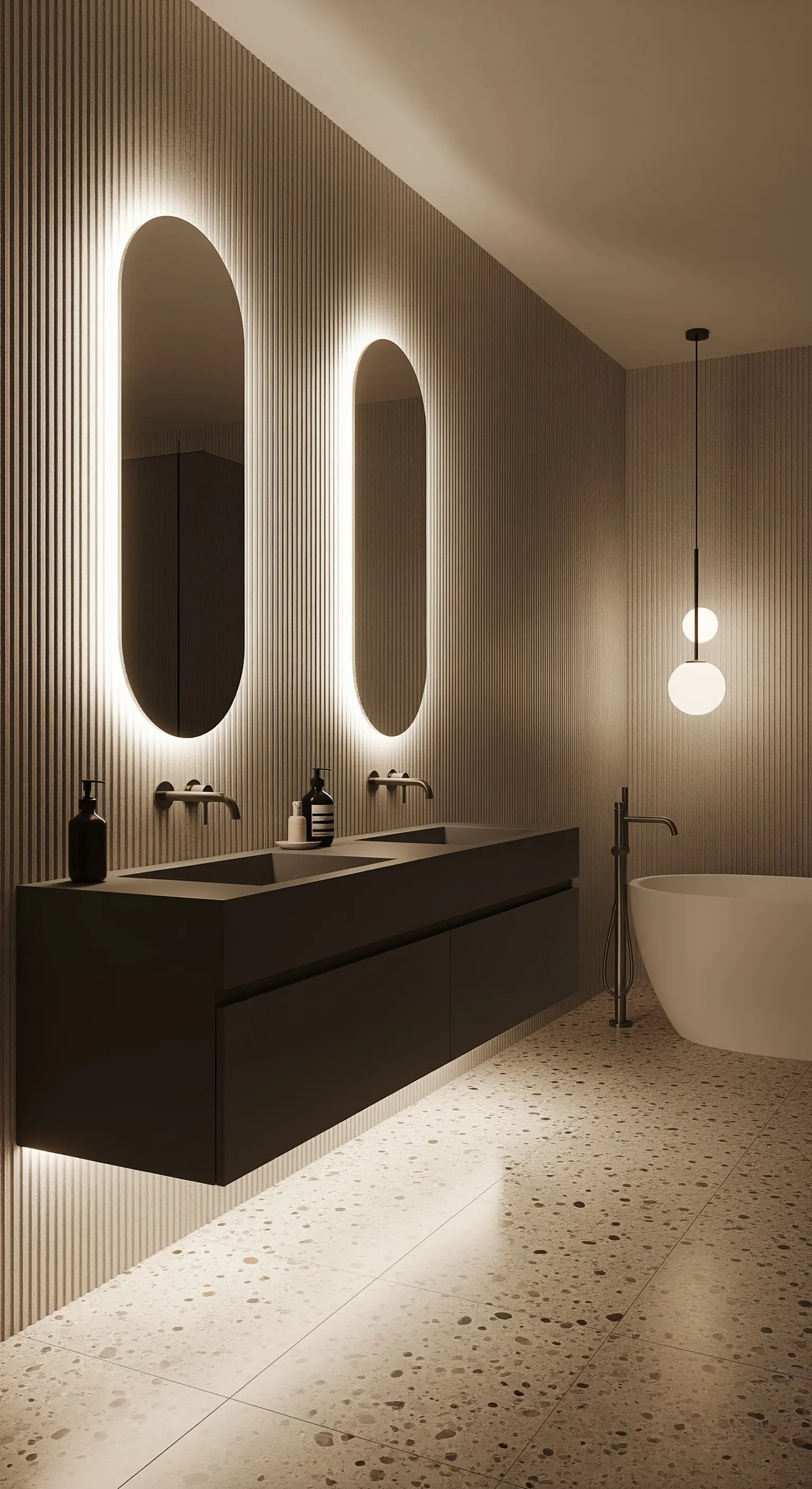 Modernes Bad mit geriffelten Wänden, hinterleuchteten Spiegeln und Terrazzoboden