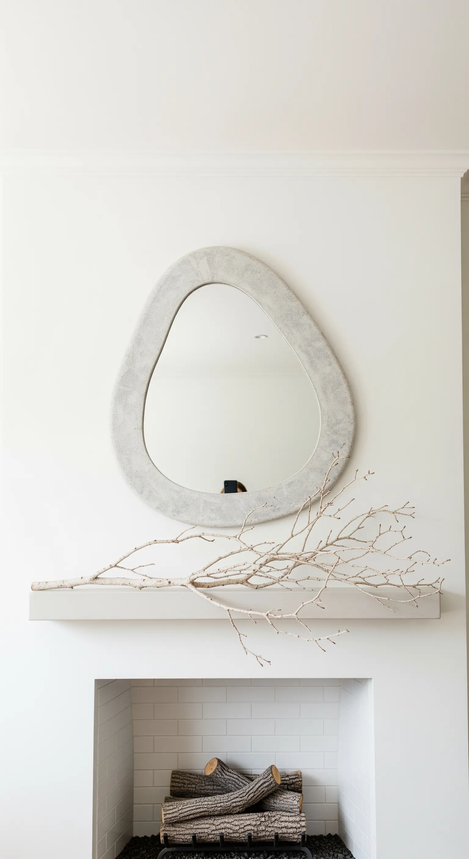 Kaminumrandung mit einem organisch geformten Spiegel und einem gebleichten Ast.