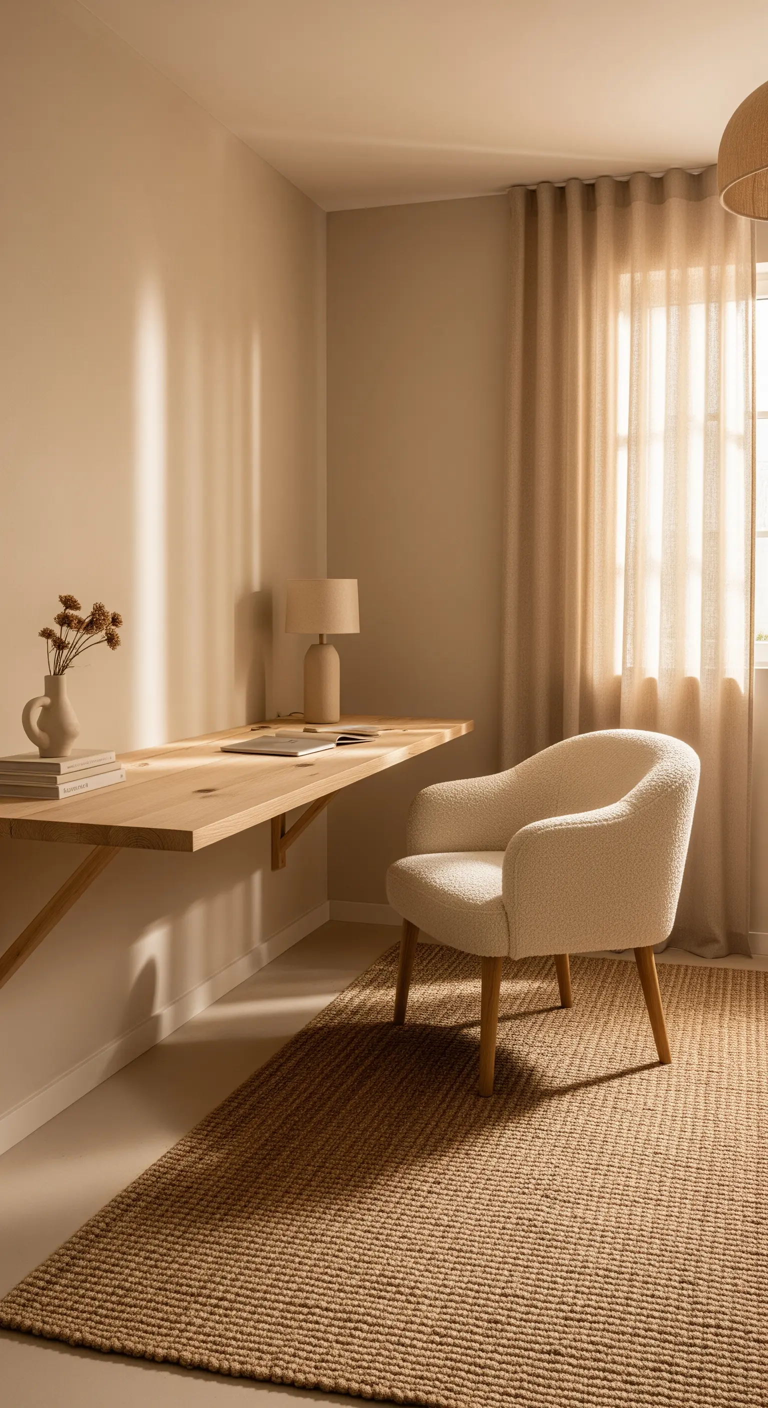 Beige Ton-in-Ton-Arbeitsecke mit schwebendem Holztisch und Bouclé-Sessel.