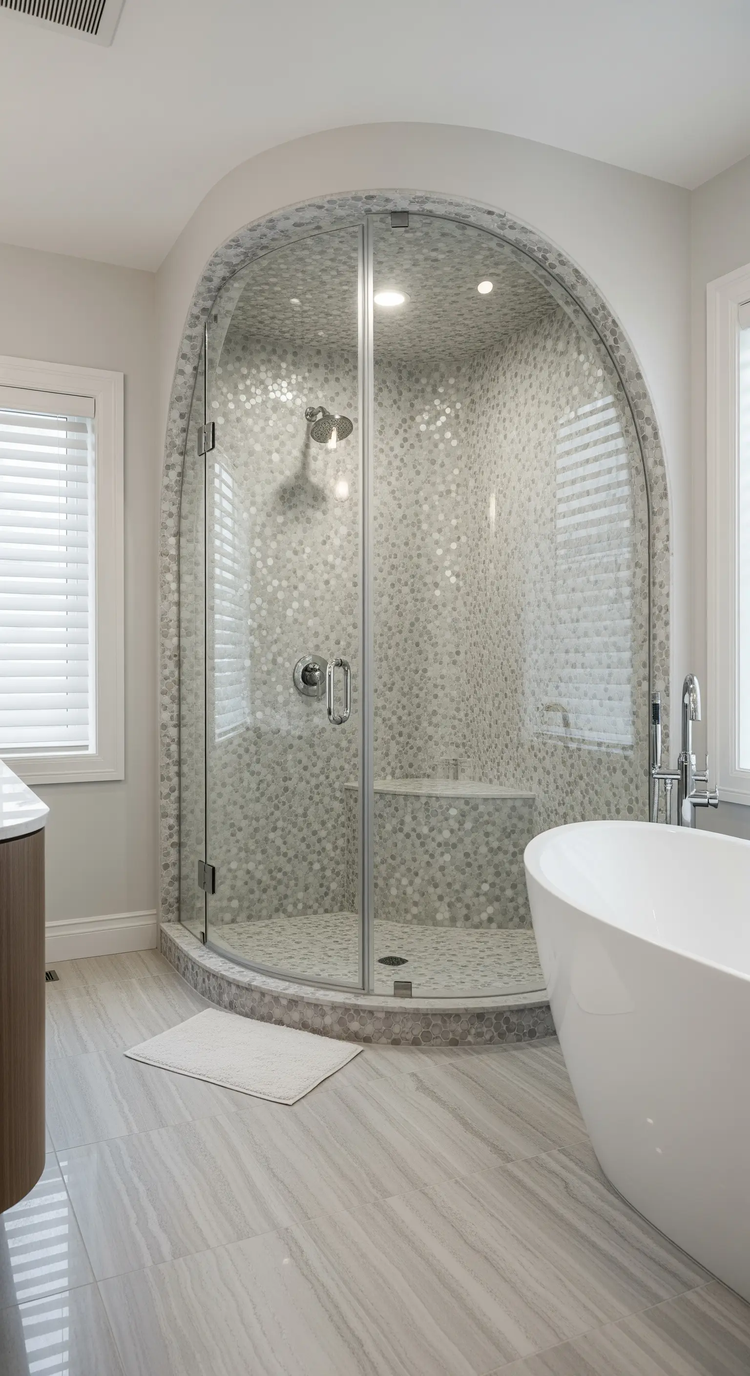 Abgerundete Eckdusche mit geschwungener Glastür und Mosaikfliesen im Inneren