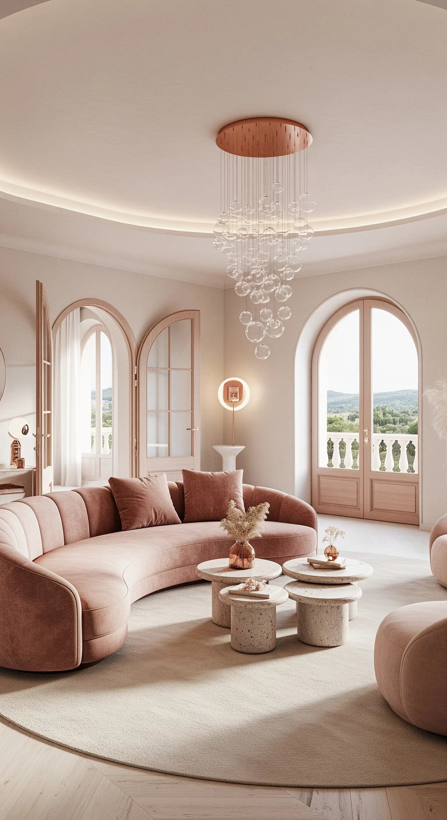 Elegantes Wohnzimmer in Rosatönen mit einem geschwungenen Samtsofa und einem Kronleuchter aus Glaskugeln.