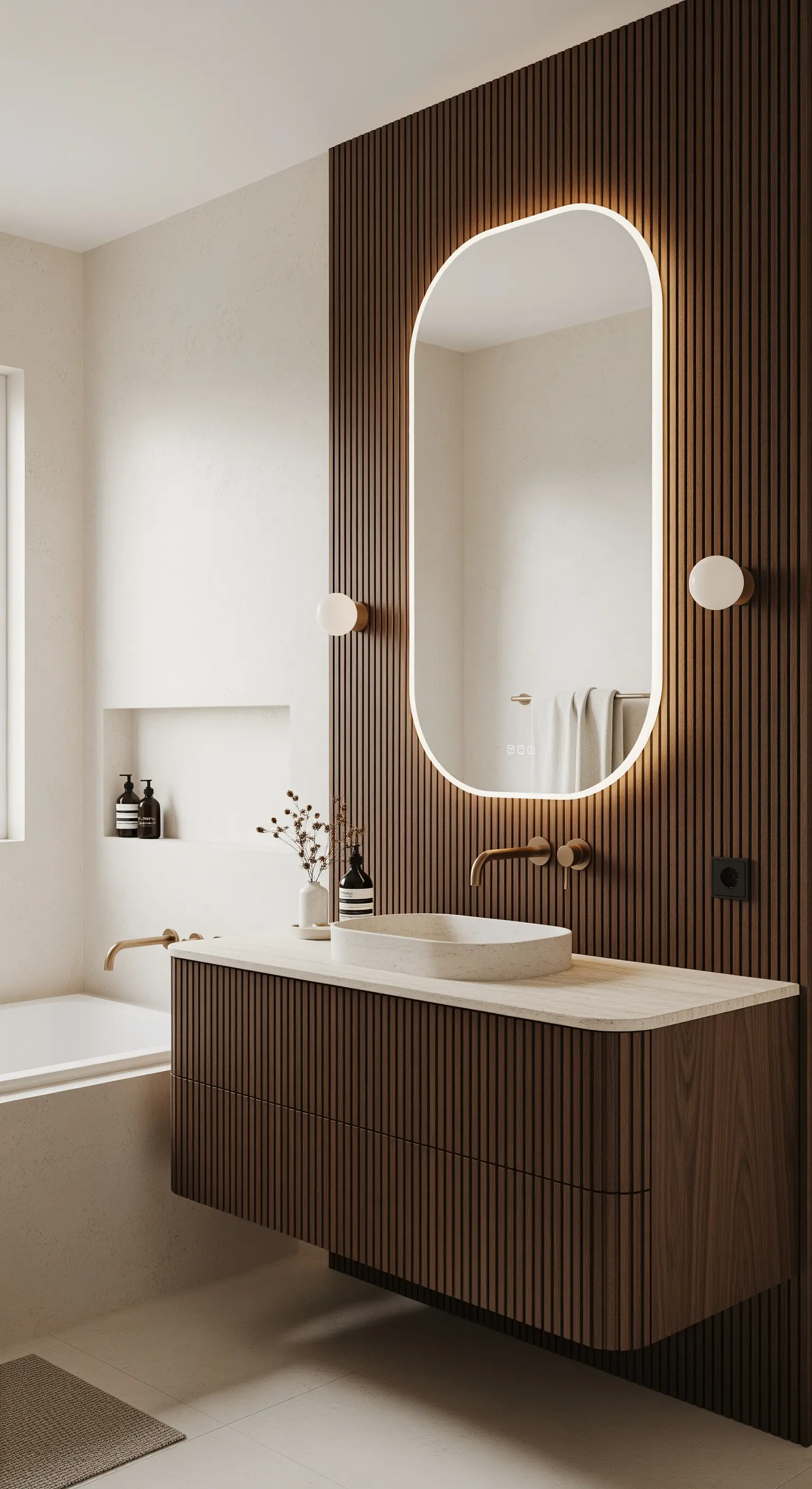 Abgerundeter LED-Spiegel an einer Wand mit dunklen Holzlamellen und hellem Waschtisch.