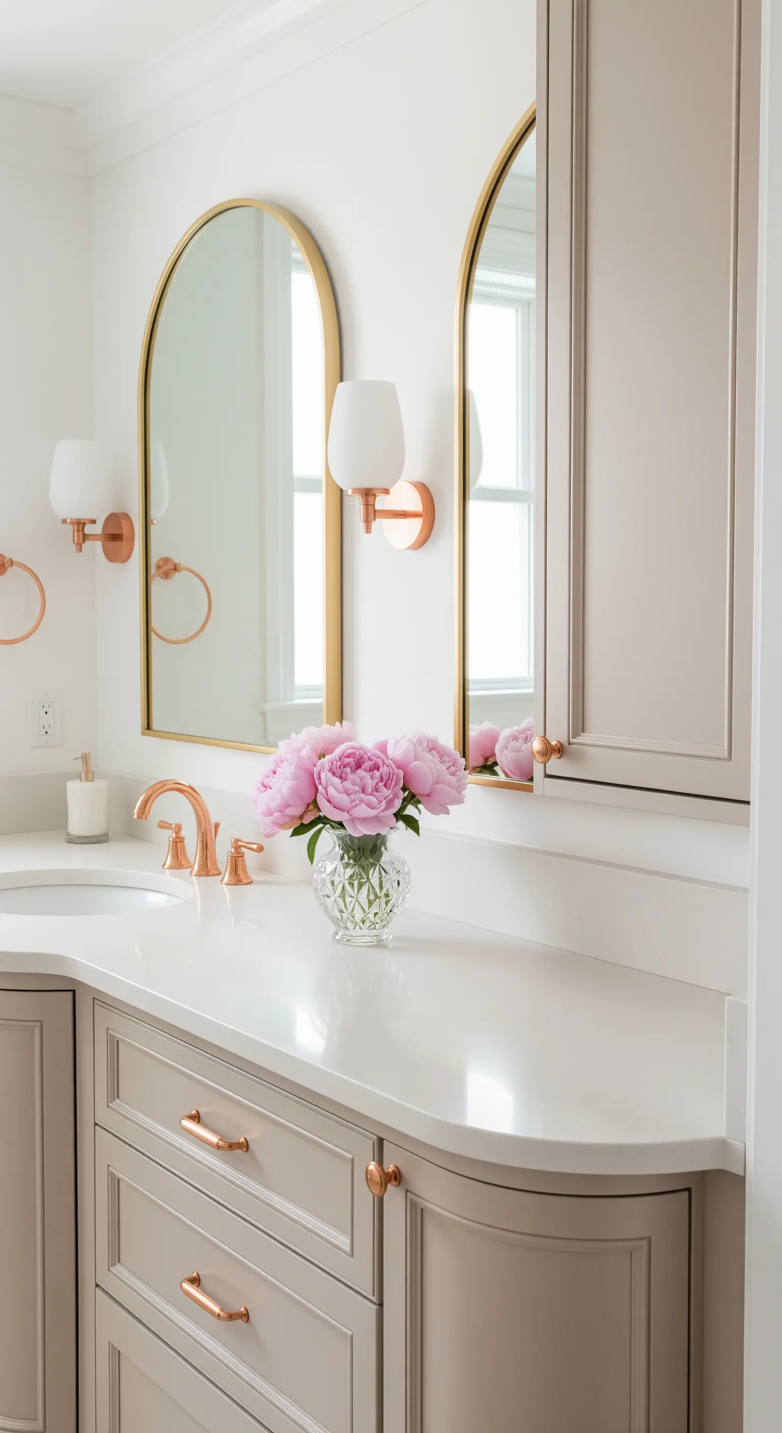 Waschtisch mit beigefarbenen Schränken, Spiegeln in Bogenform und Armaturen aus Roségold.