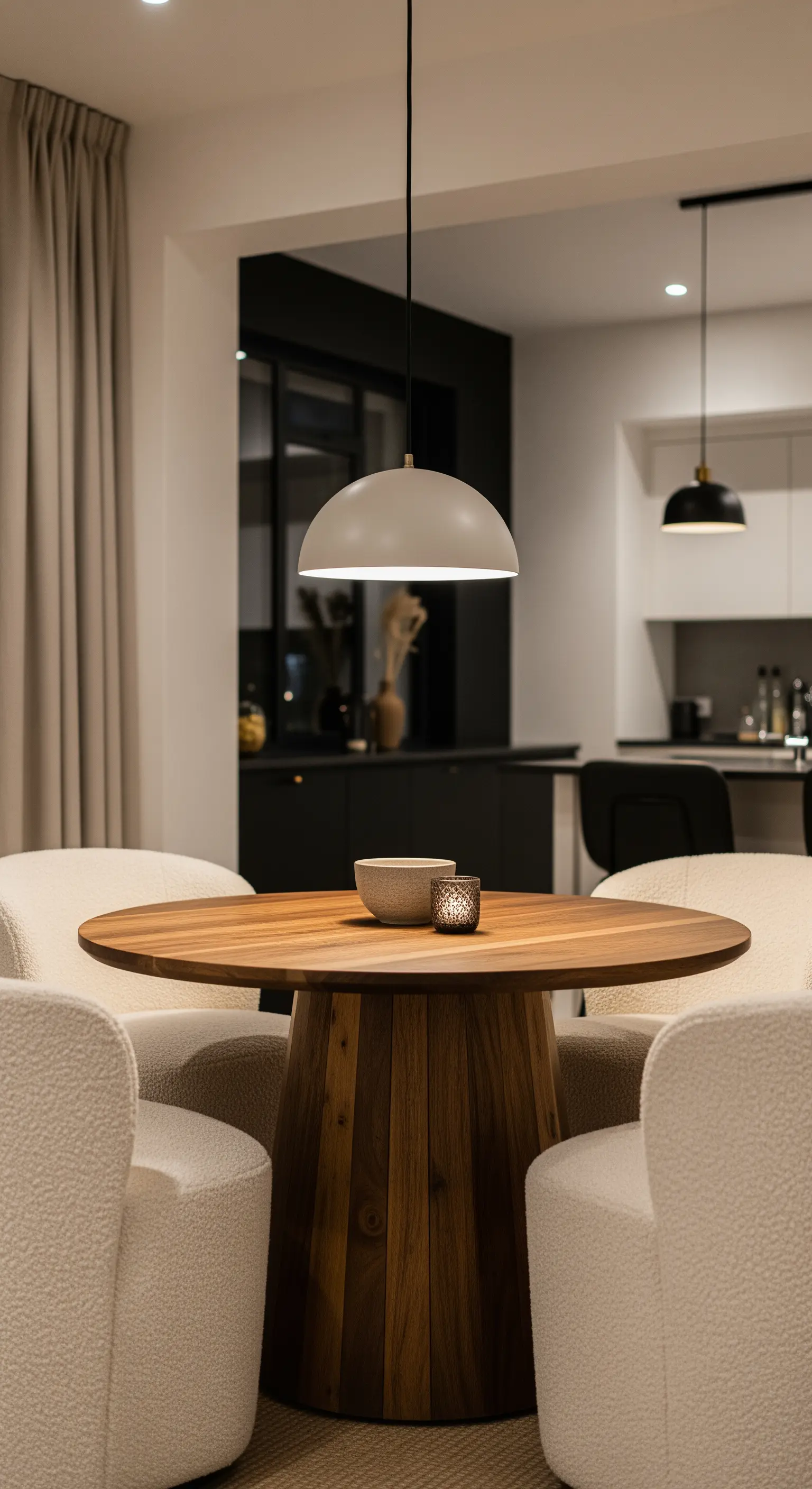 Runder Holztisch mit cremefarbenen Bouclé-Stühlen und einer modernen Kuppellampe.