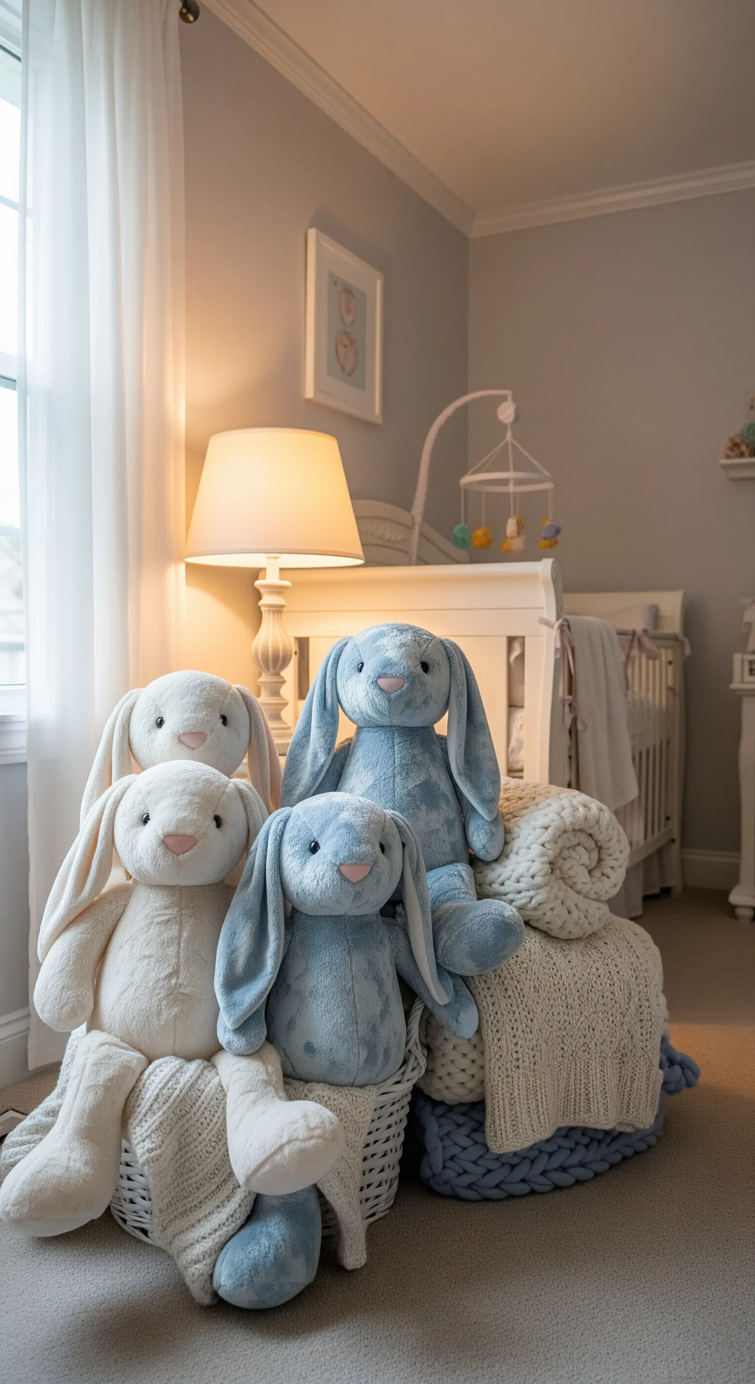 Plüschhäschen in Pastelltönen in einem Korb im Kinderzimmer