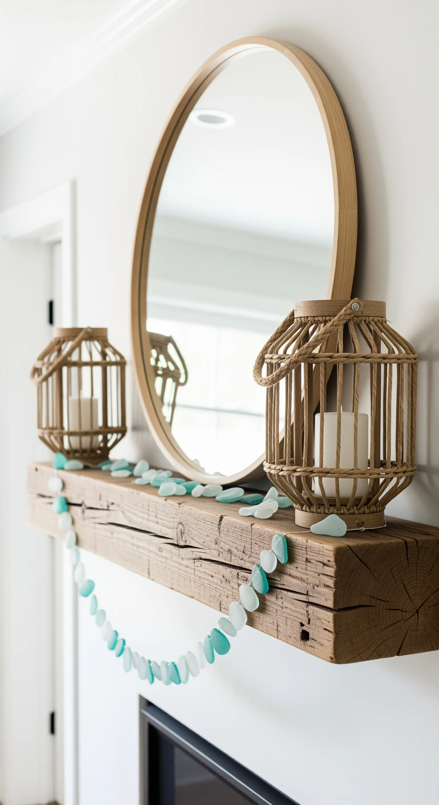 Rustikale Kaminumrandung mit Rattanlaternen und einer Seeglas-Girlande.