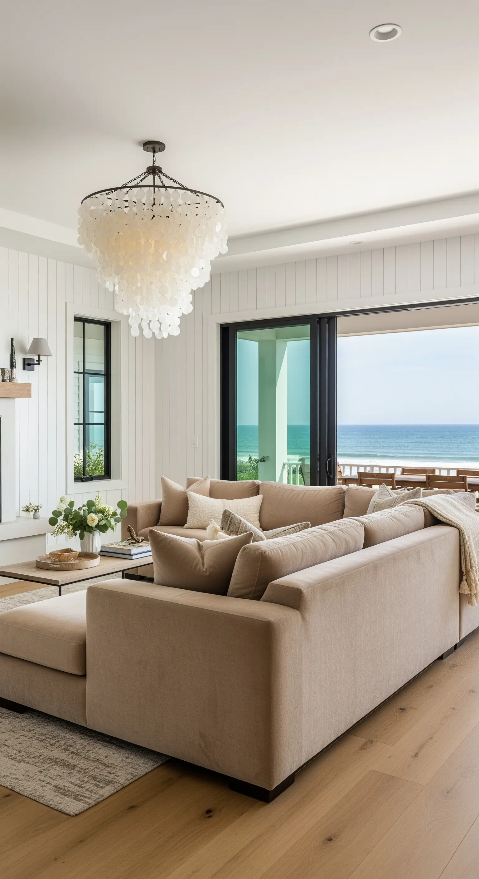 Helles, beiges Ecksofa in einem Wohnzimmer mit Meerblick und einem Kronleuchter aus Muscheln.