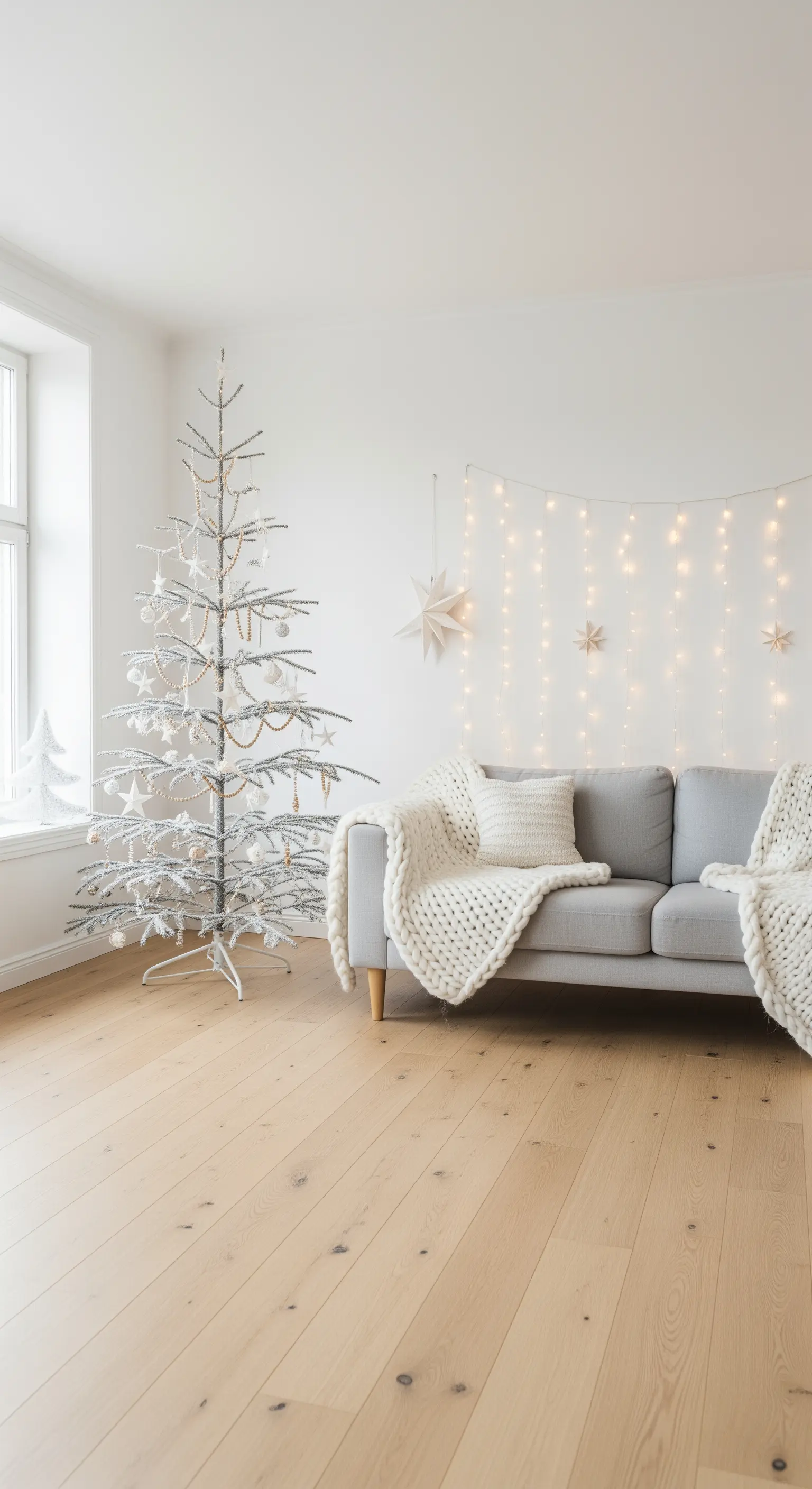 Helles Wohnzimmer mit sanfter Weihnachtsbeleuchtung und weißen Textilien