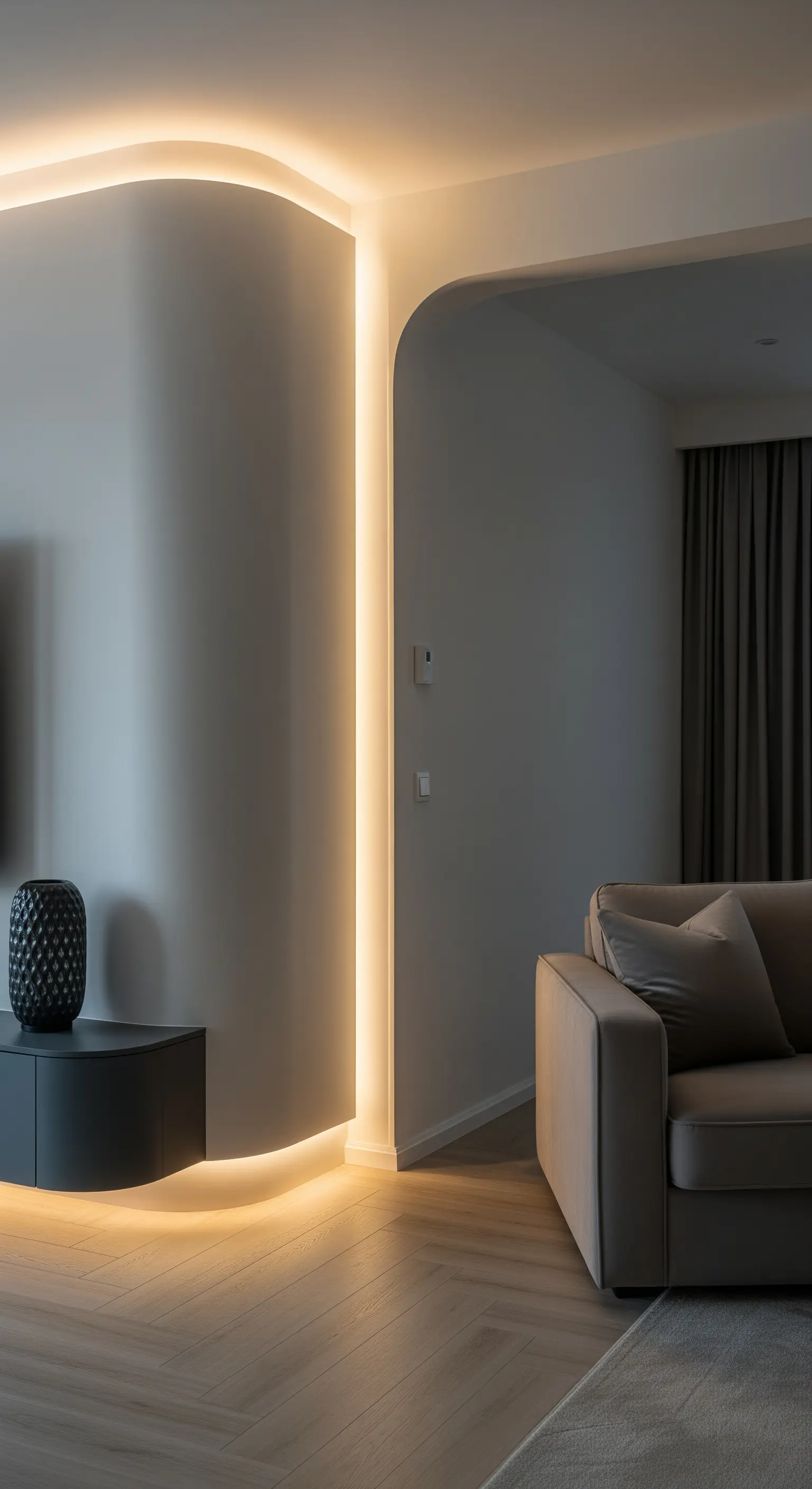 Minimalistisches Wohnzimmer mit einer geschwungenen Wand, deren Kontur durch eine LED-Leiste betont wird