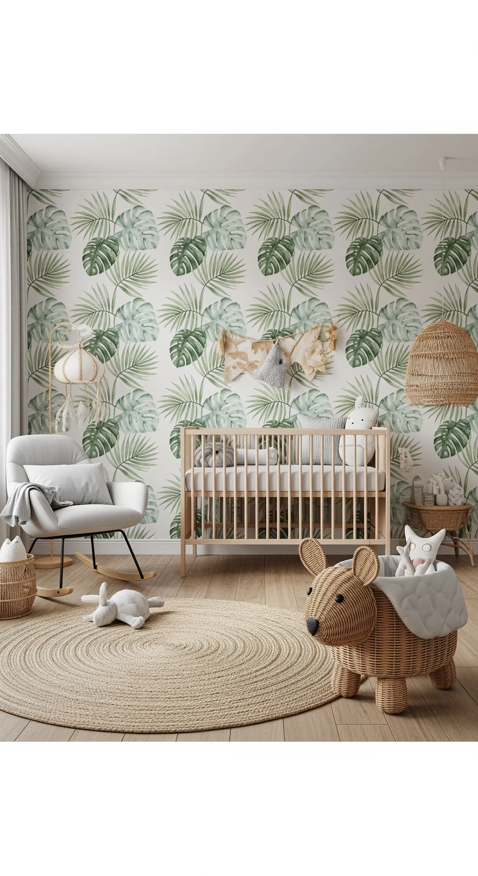 Babyzimmer mit heller Palmen-Tapete und Holzmöbeln