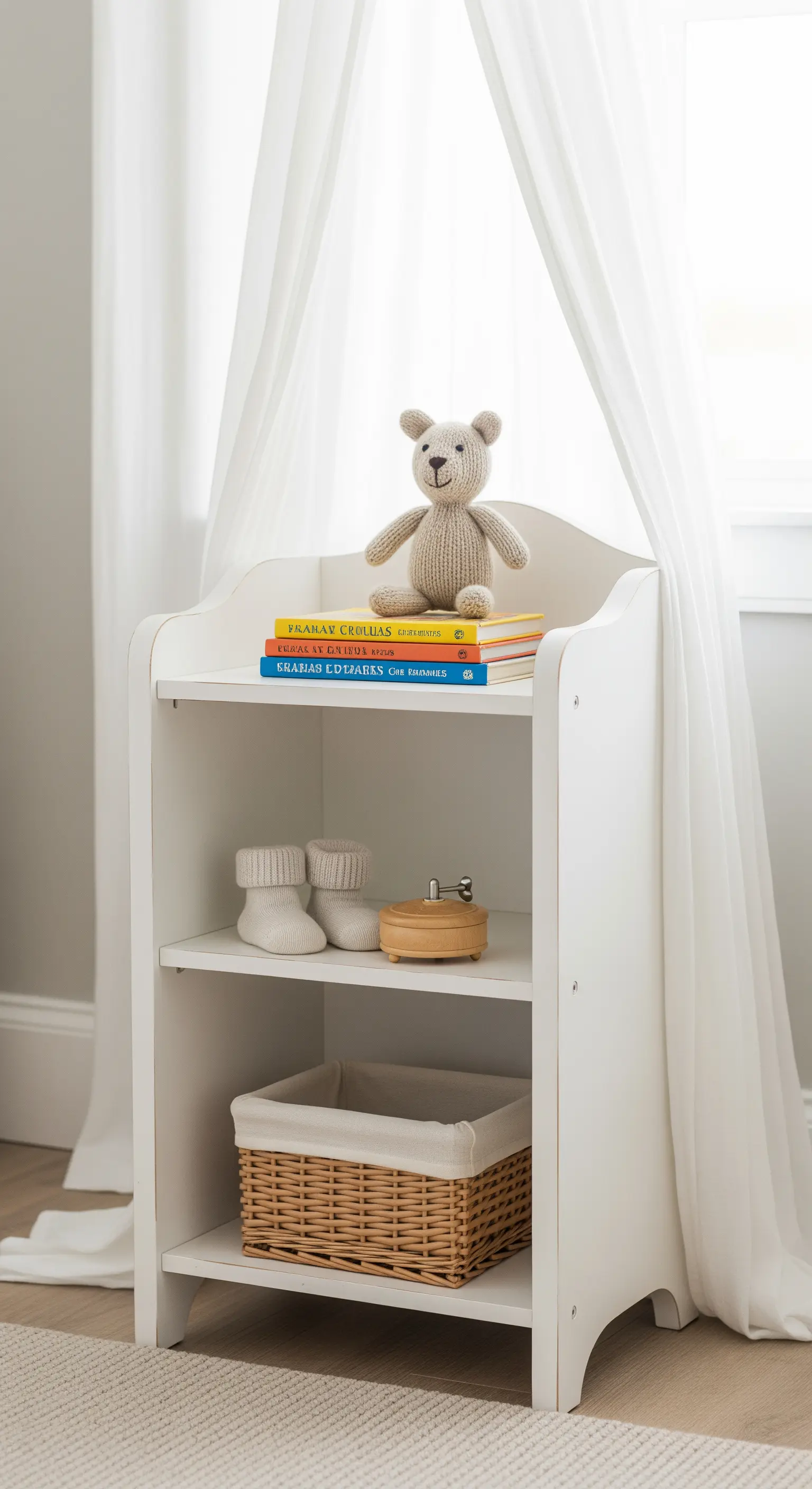 Weißes, niedriges Regal für ein Kinderzimmer mit Büchern und Spielzeug.