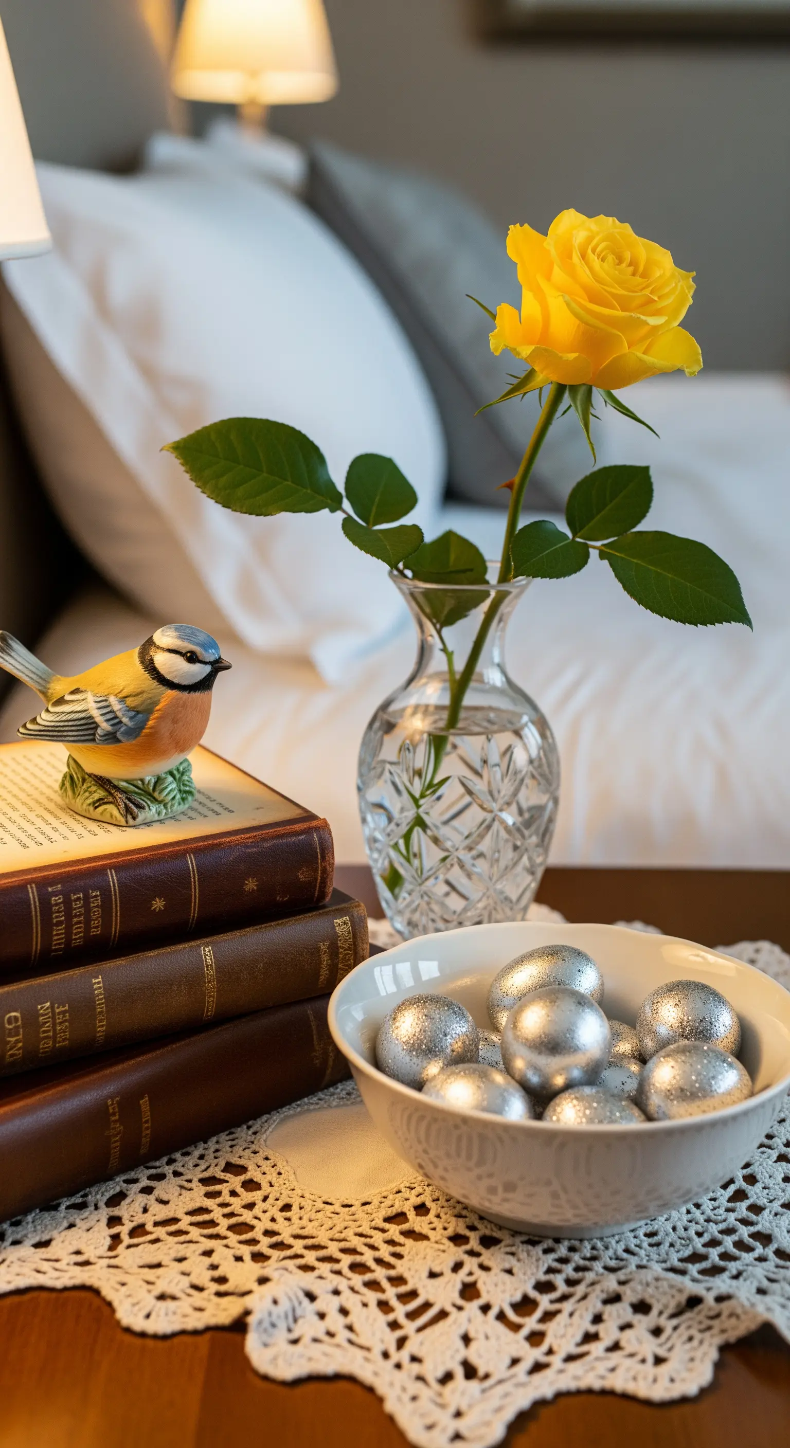 Nachttischdeko mit Rose, Büchern und silbernen Ostereiern