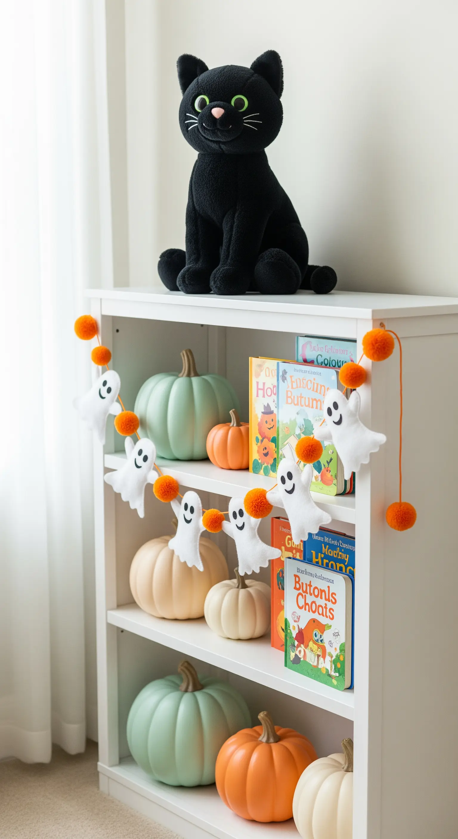 Weißes Kinderzimmer-Regal mit Kürbissen in Salbeigrün und Creme sowie einer Geistergirlande.