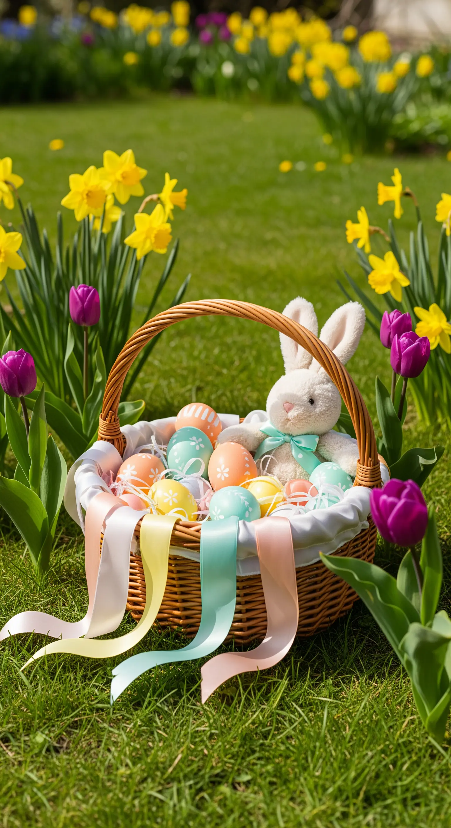 Osterkorb mit Pastell-Eiern, Plüschhase und farbigen Bändern in frühlingshafter Umgebung