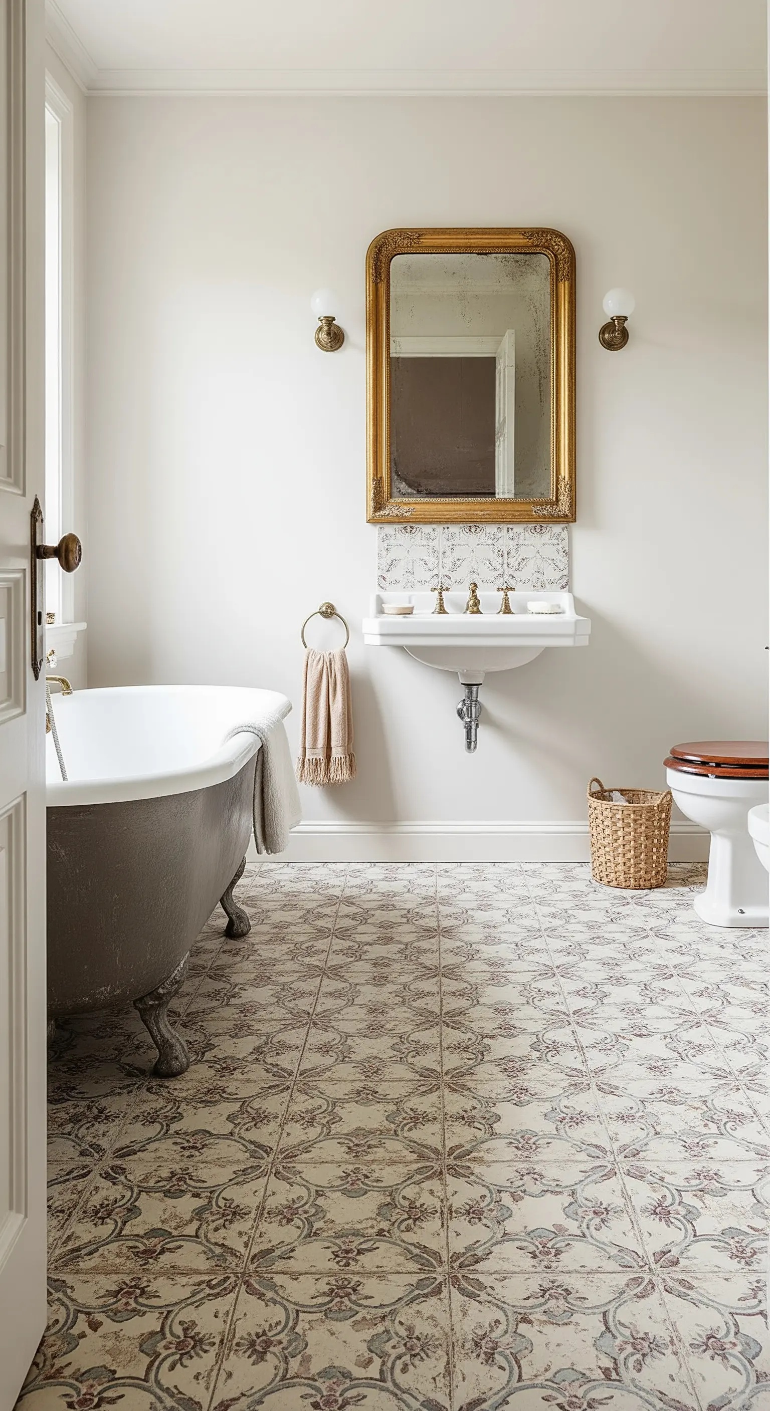 Badezimmer im Vintage-Stil mit gemusterten Bodenfliesen in verblasster Optik.