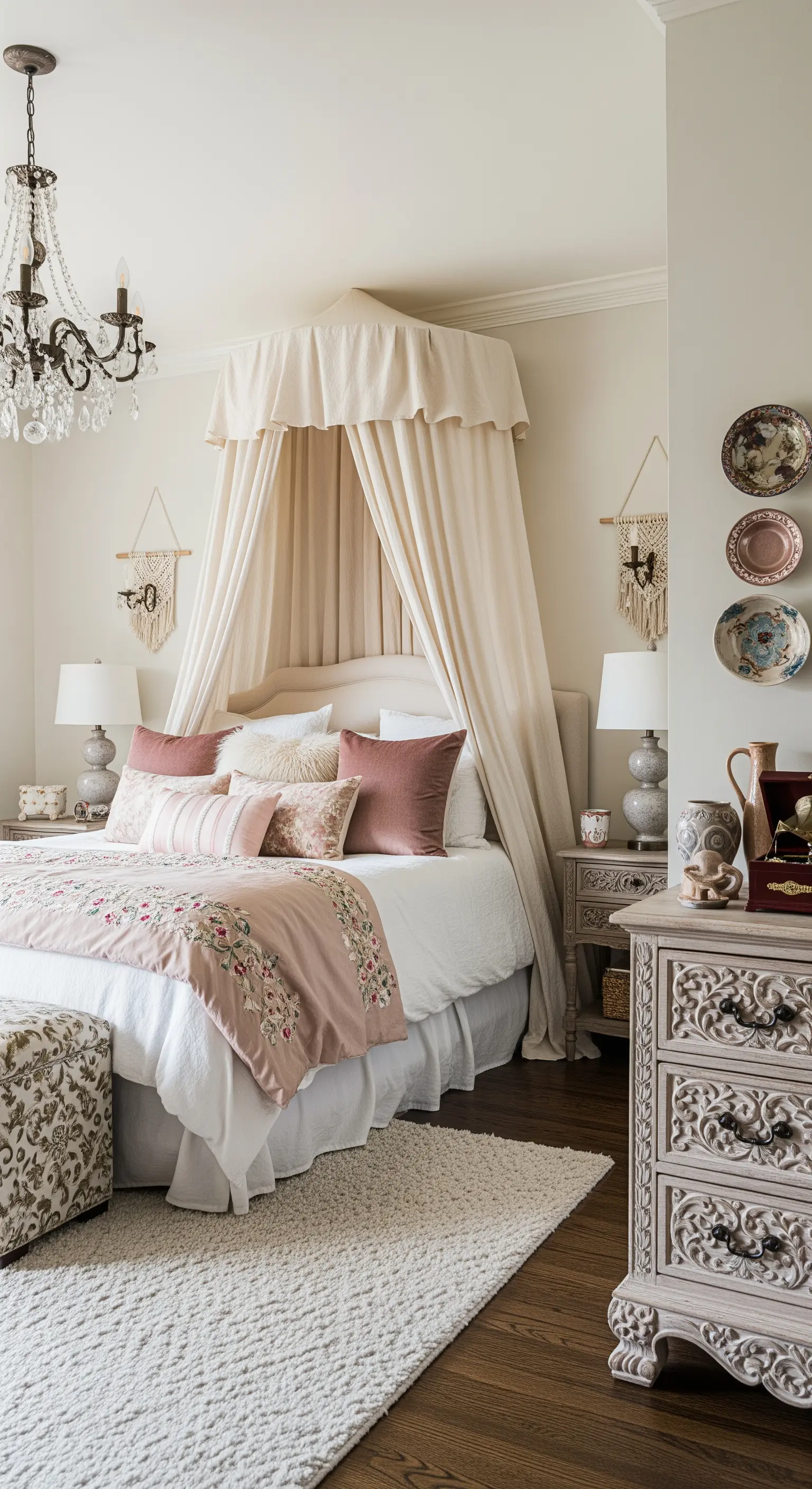 Romantisches Boho-Schlafzimmer mit Baldachin, Altrosa-Tönen und verzierten Vintage-Möbeln