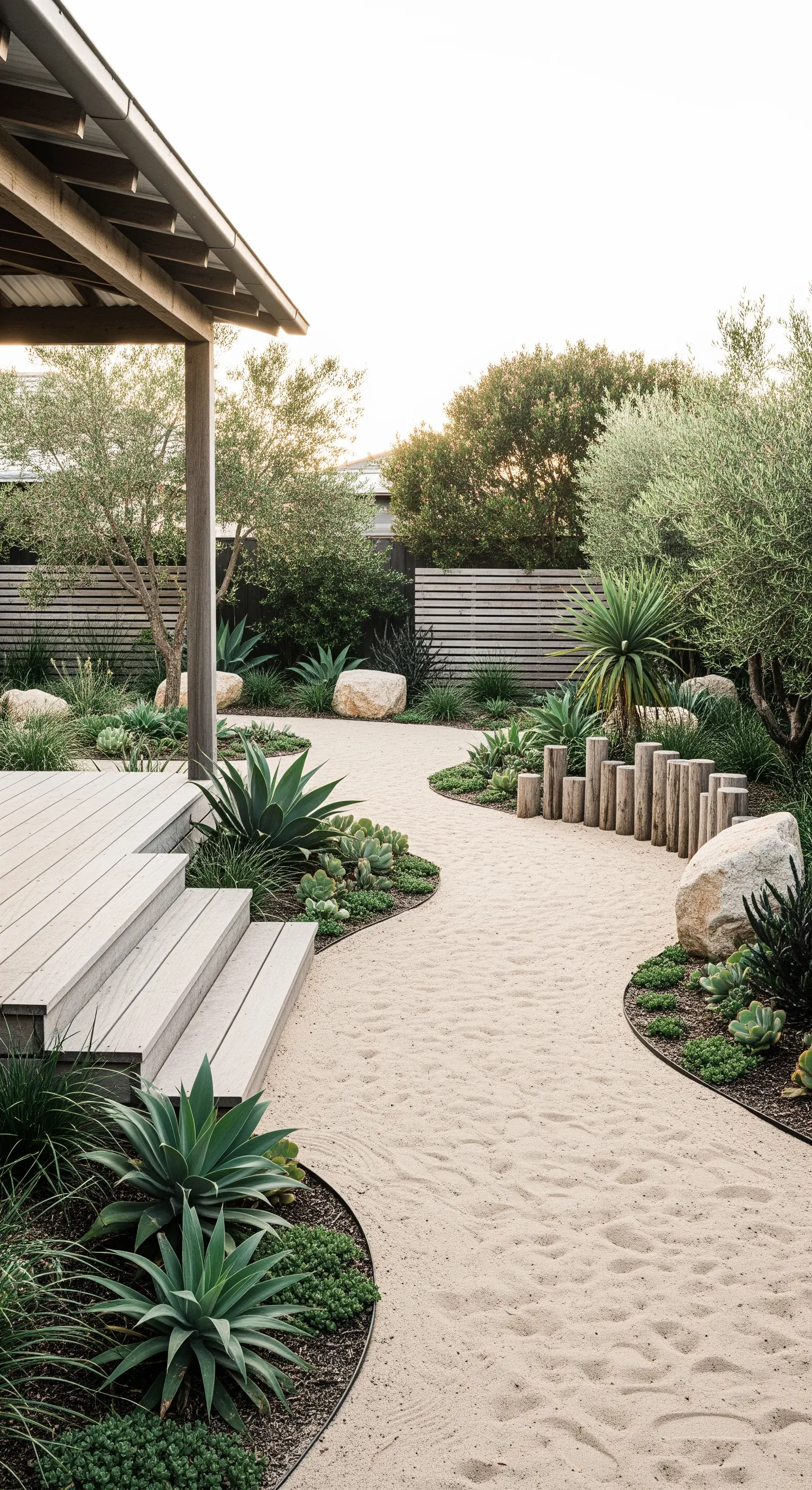 Geschwungene Sandwege mit Agaven, Felsen und Holzdeck im Japandi Garten
