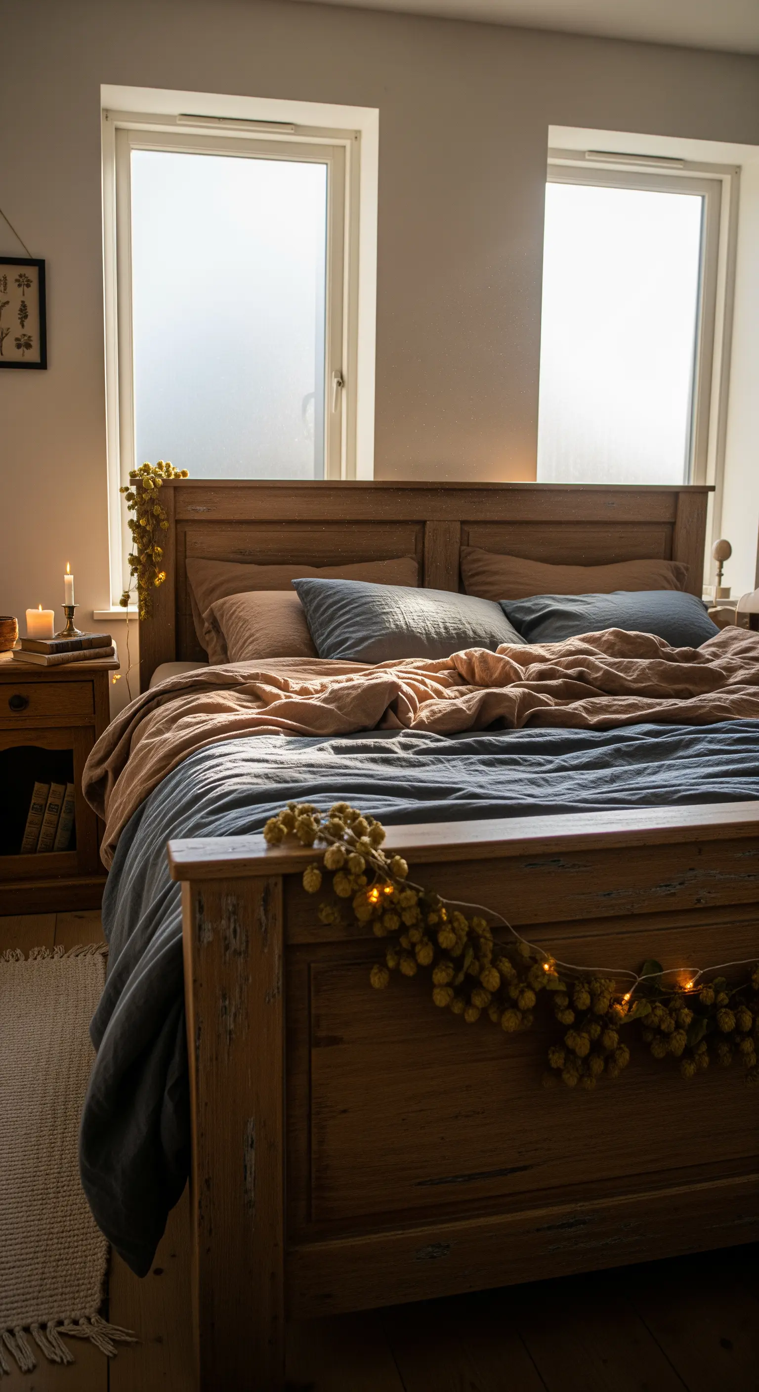 Schlafzimmer mit Holzbett, pastellfarbener Bettwäsche und Natur-Lichterkette