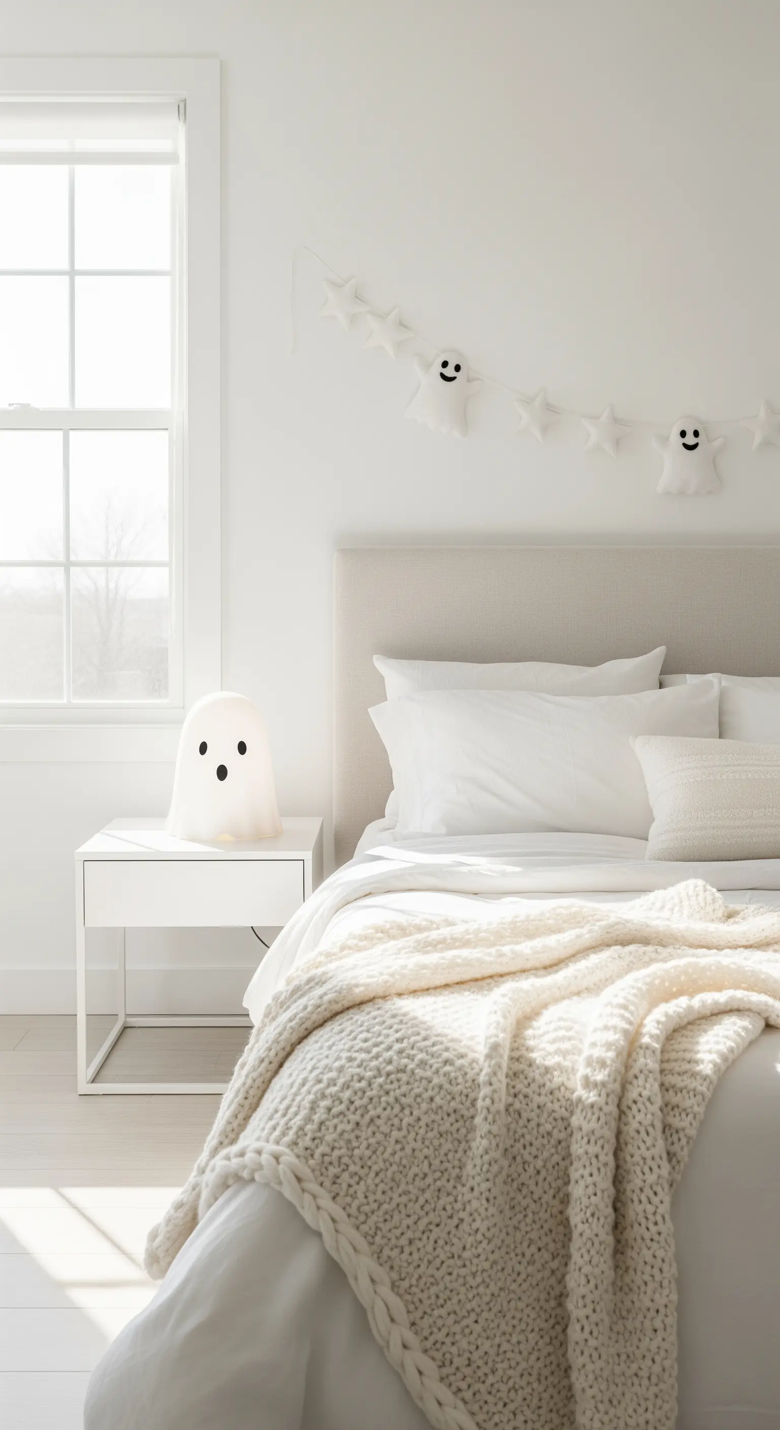 Schlafzimmer mit weißer Bettwäsche, Geistergirlande und beleuchteter Geisterlampe