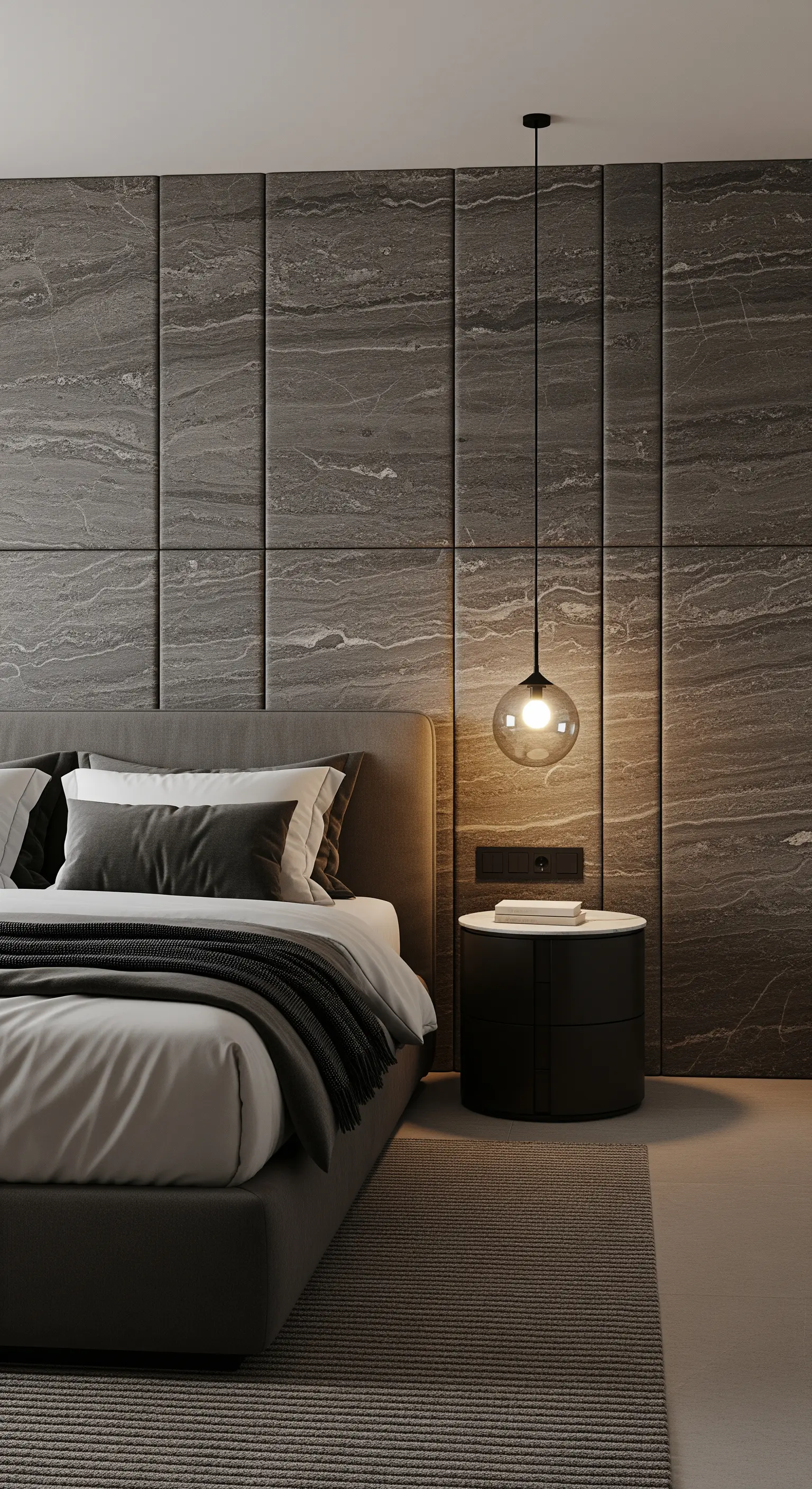Schlafzimmer mit gepolsterten Wandpaneelen in Steinoptik als Kopfteil.