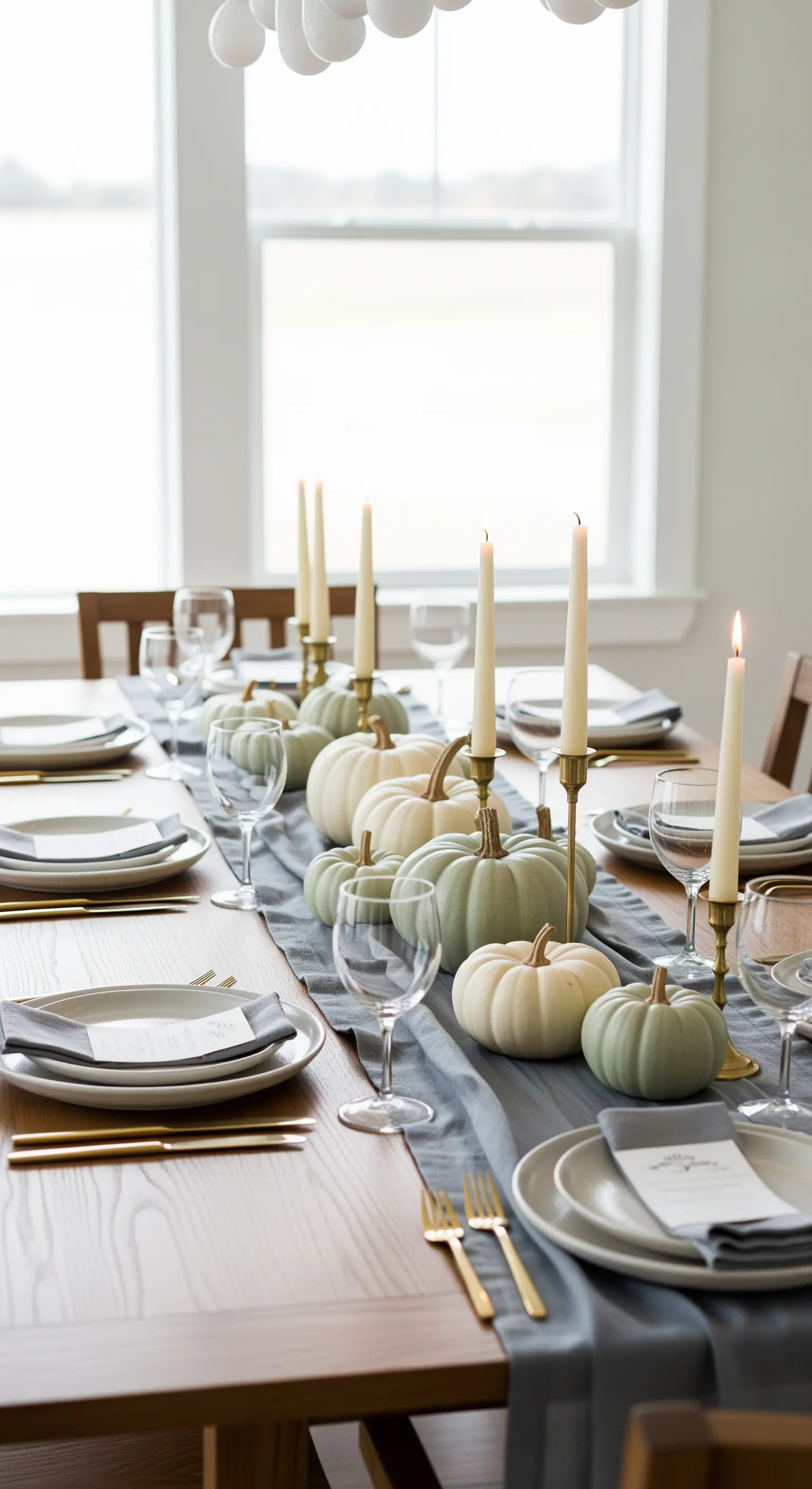 Minimalistisches Kürbis-Arrangement mit Salbeigrün und Kerzen auf grauem Läufer.