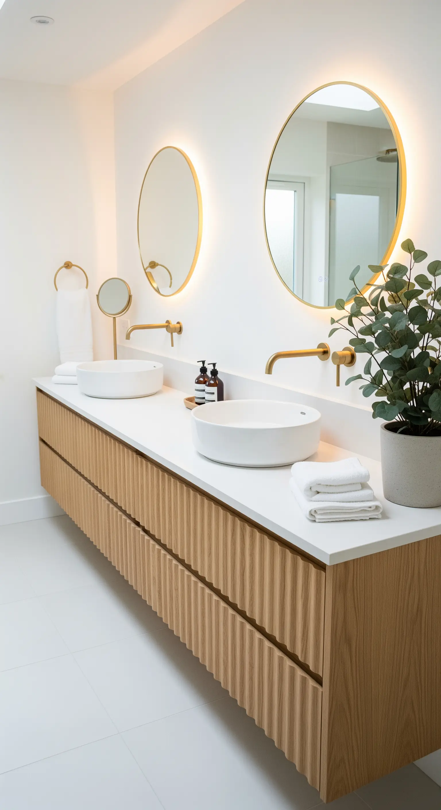 Doppelwaschtisch aus hellem Holz mit geriffelter Front und Goldarmaturen.