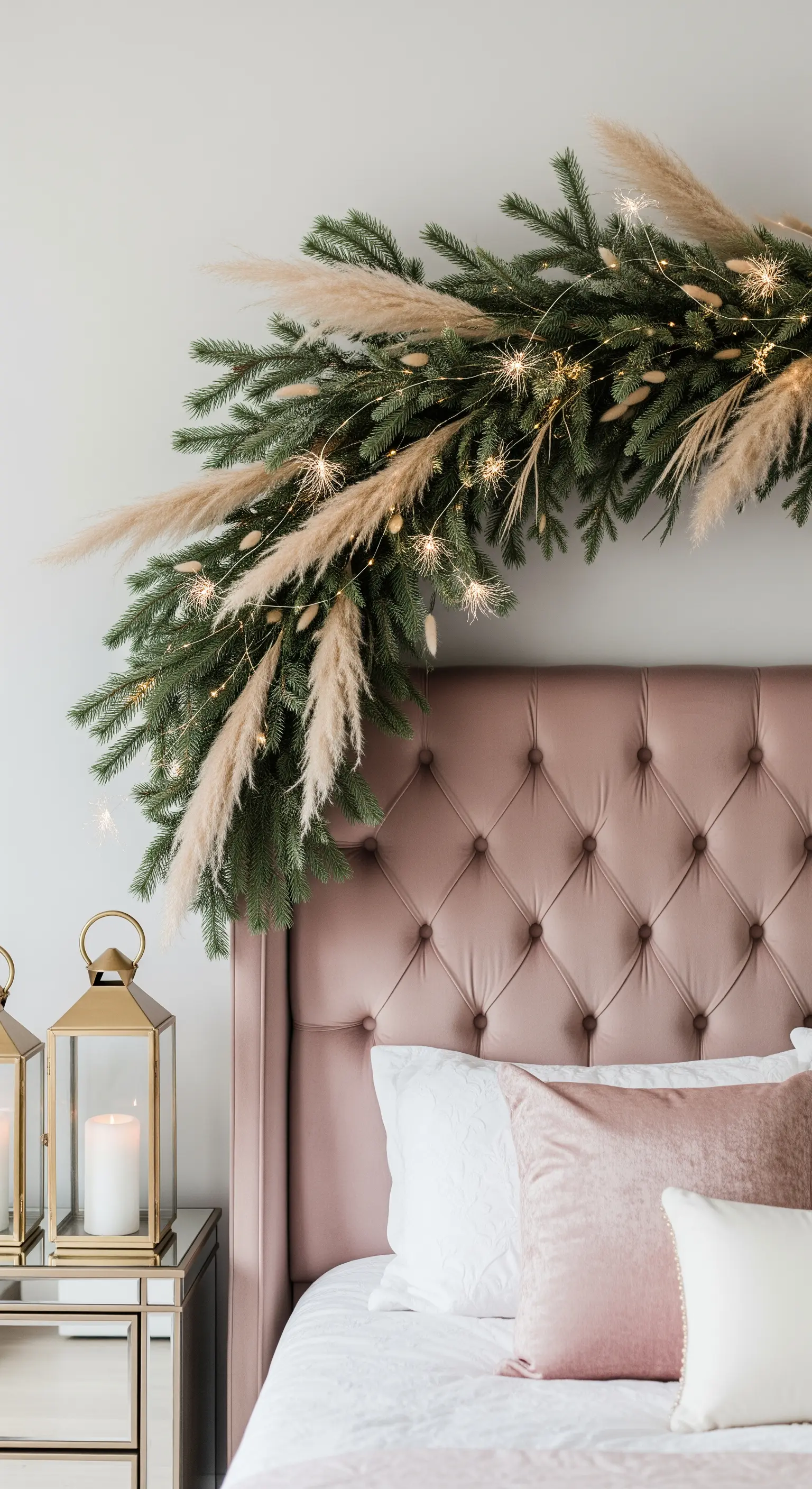 Asymmetrische Girlande aus Tannengrün und Pampasgras über einem rosa Samt-Kopfteil.