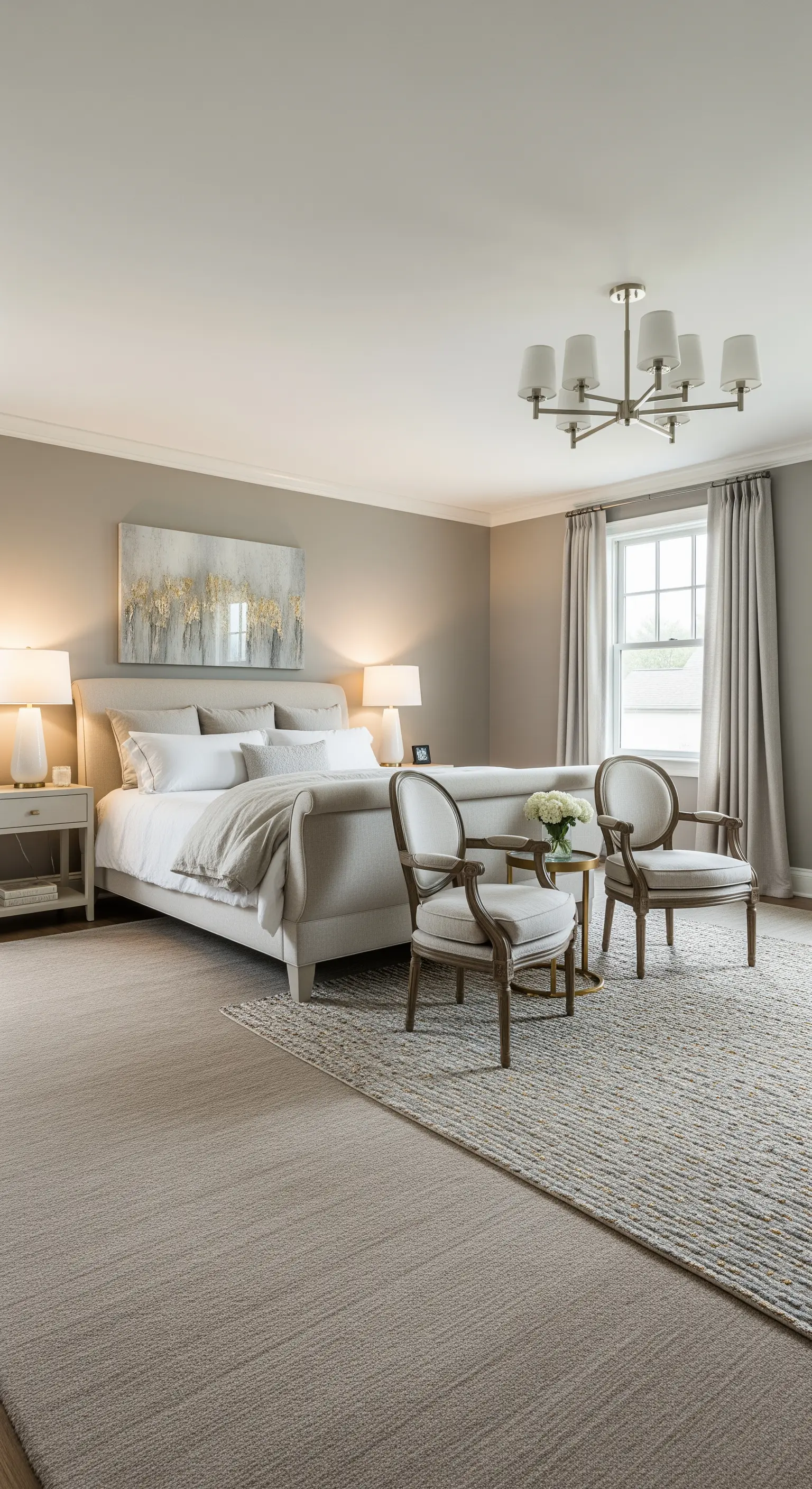 Neutrales, beigefarbenes Schlafzimmer mit einem texturierten Teppich über einem Teppichboden