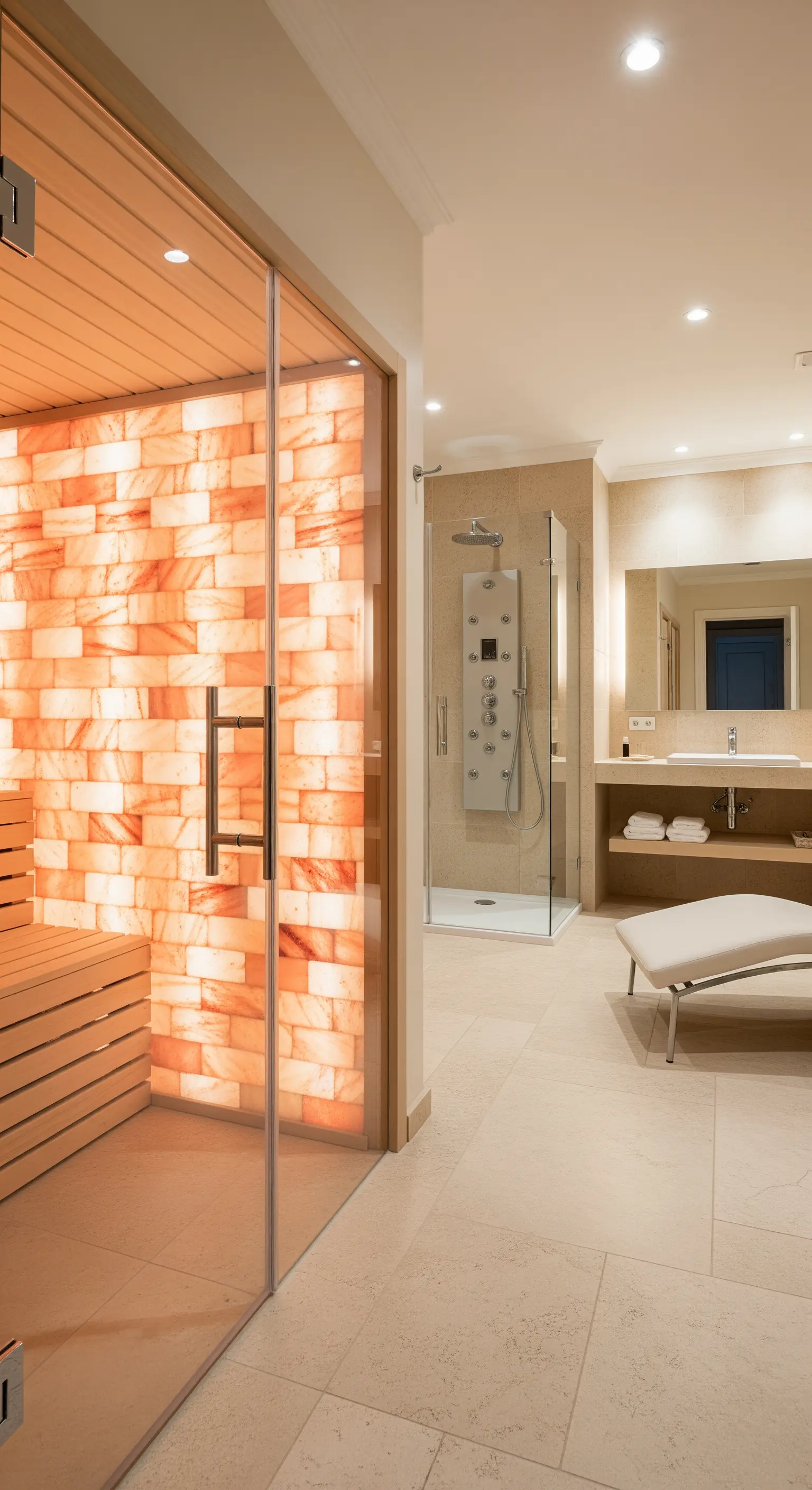 Heller Wellnessbereich mit großer Sauna mit Salzwand und Ruheliege.