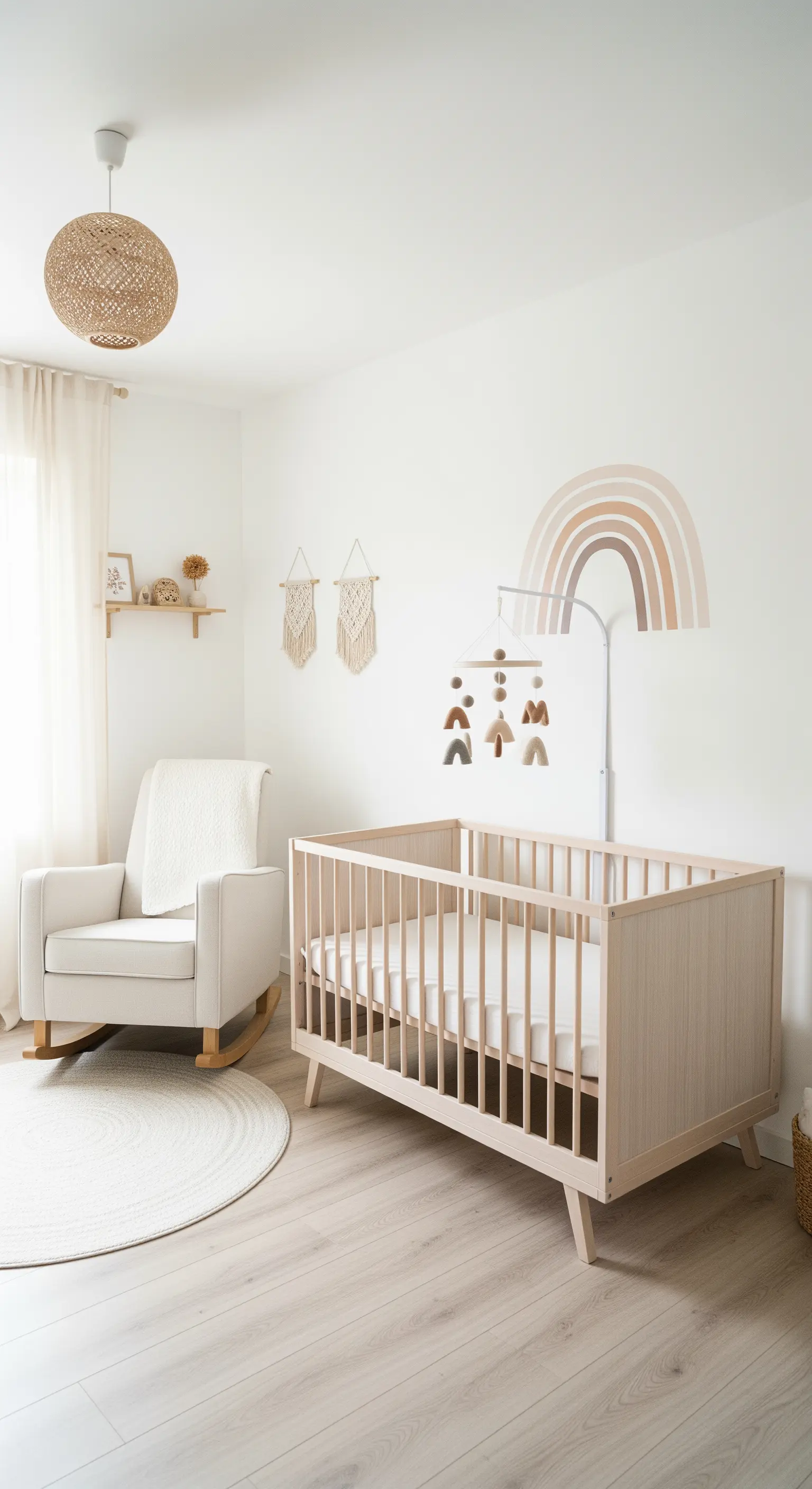 Helles Babyzimmer mit Holzbettchen, Rattanlampe und einem Regenbogen-Wandtattoo.