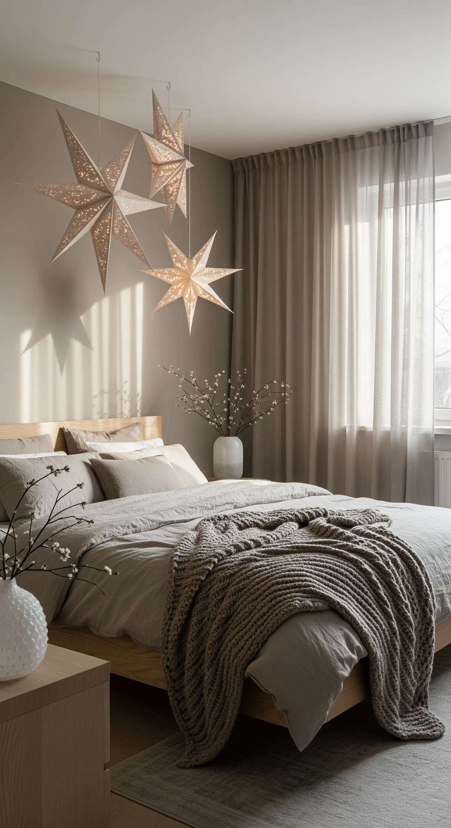 Schlafzimmer mit Sternenlichtern, grauem Bett und Strickdecke