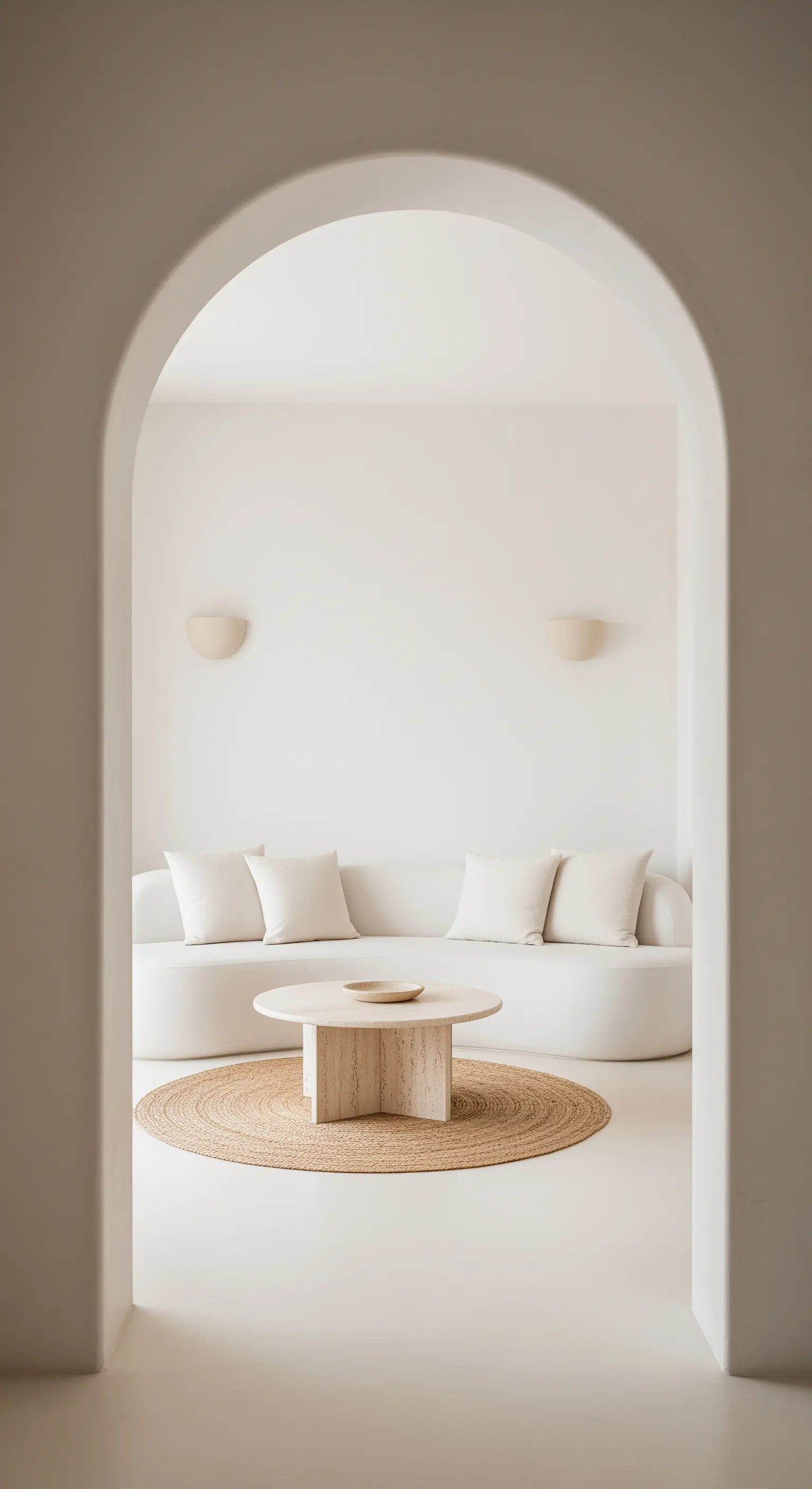 Blick durch einen weißen Rundbogen in ein minimalistisches Wohnzimmer mit weißem Sofa.