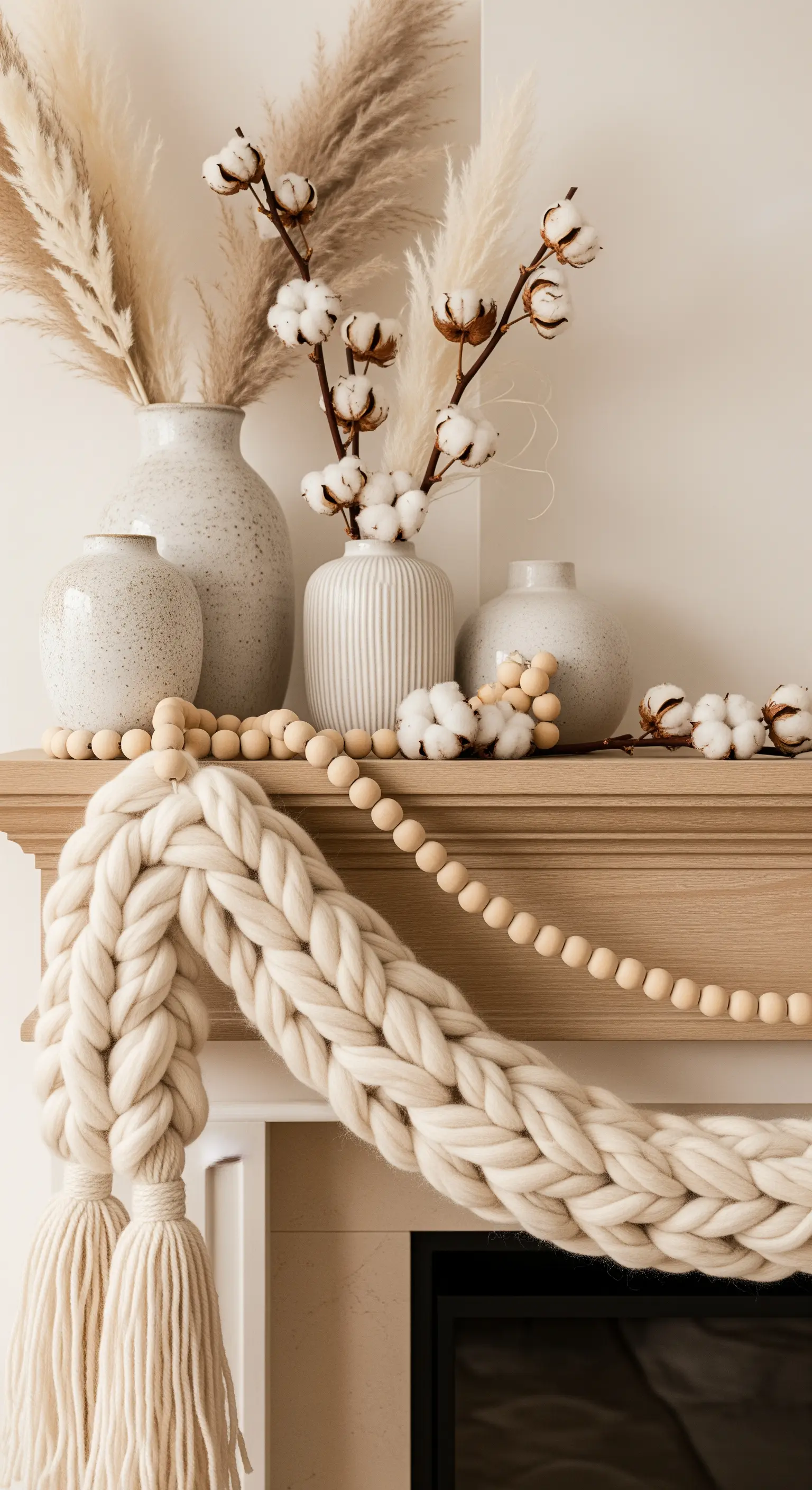 Kamin mit grob gestrickter Girlande, Holzperlen und Baumwollzweigen.