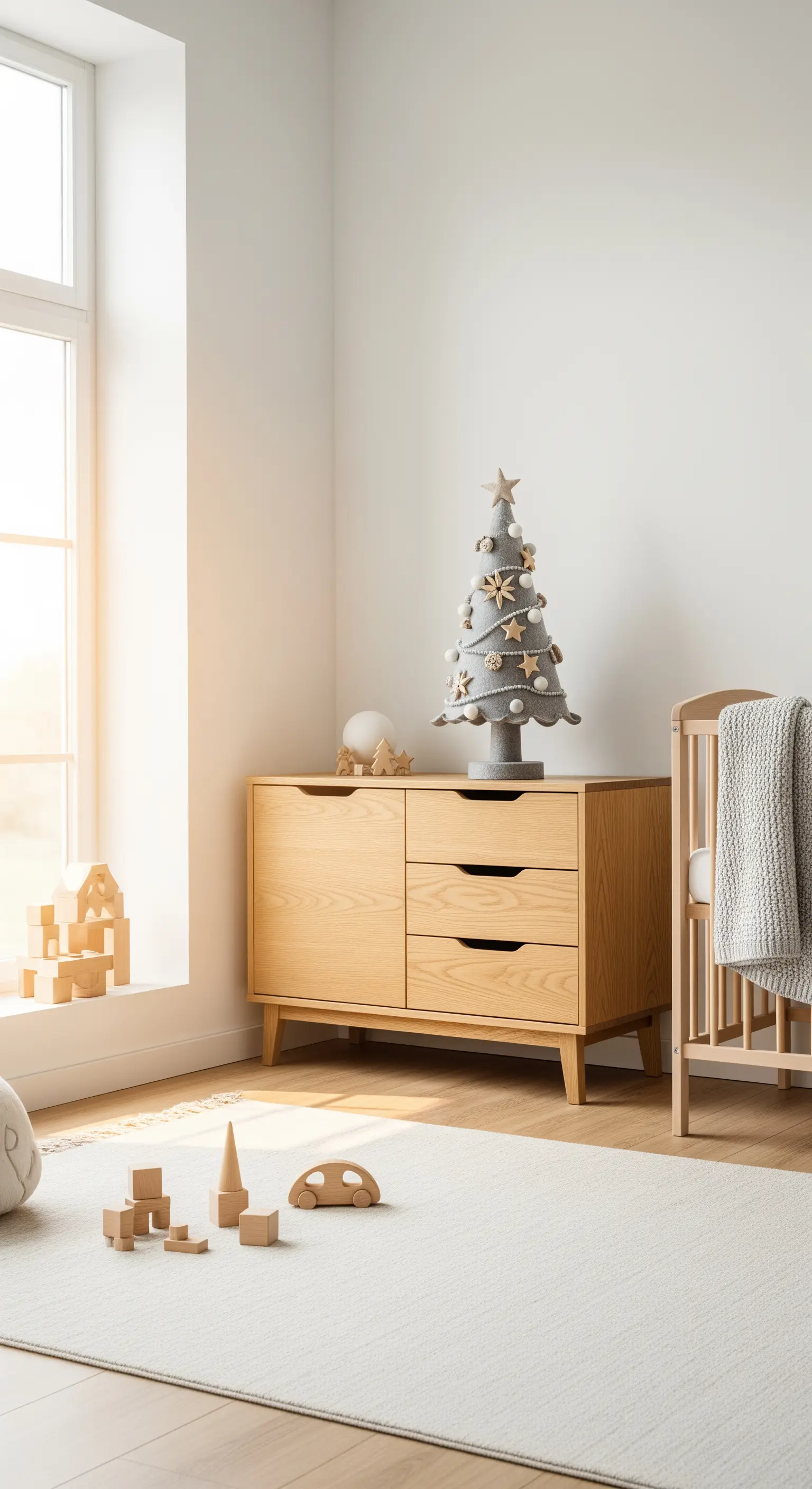 Kinderzimmer mit Holzkrippe und Filz-Weihnachtsbaum auf Kommode