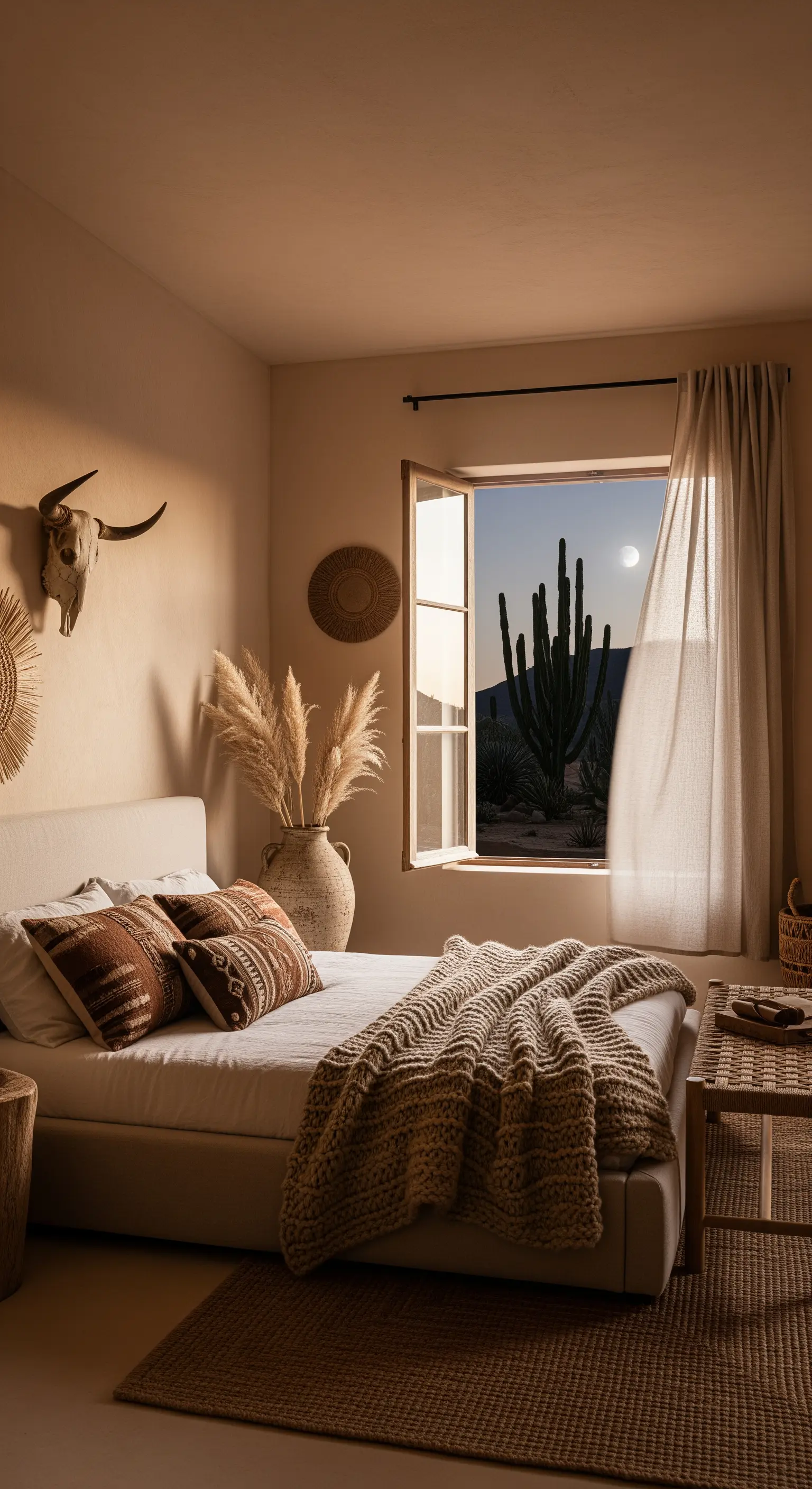 Boho-Schlafzimmer in Erdtönen mit Pampasgras, Leinenkissen und Wüstenflair.
