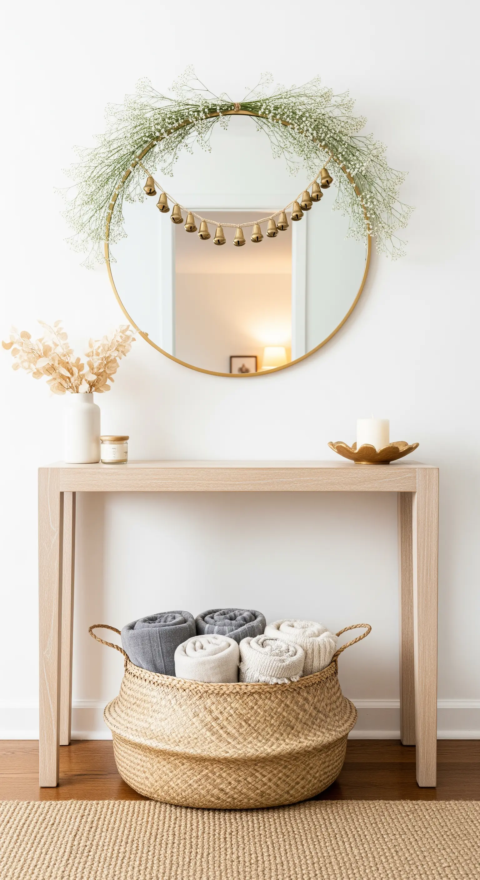Boho-Eingangsbereich mit rundem Spiegel, Glockengirlande und Korb