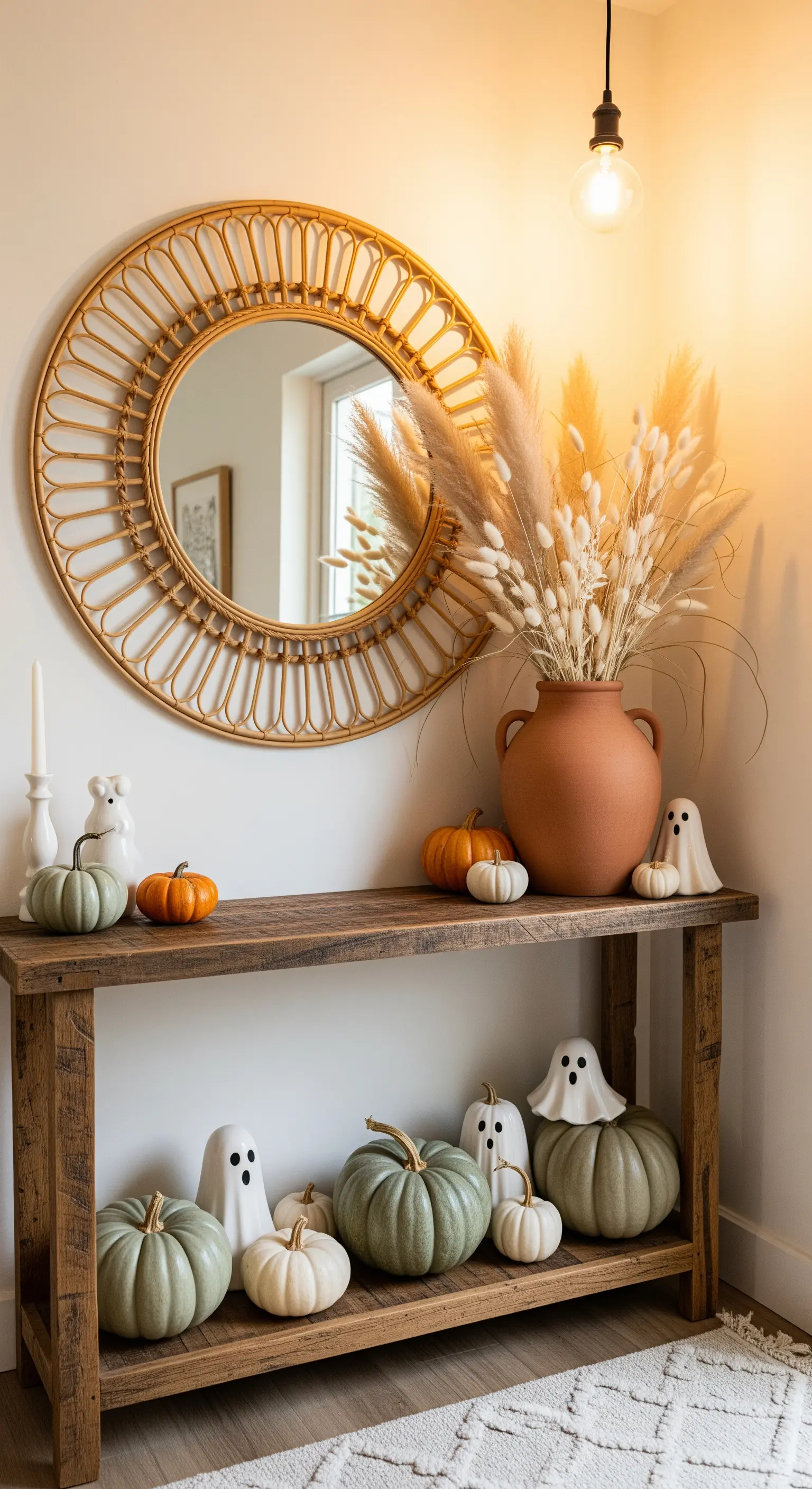 Boho Halloween-Deko für die Konsole mit Salbei-Kürbissen und Pampasgras.