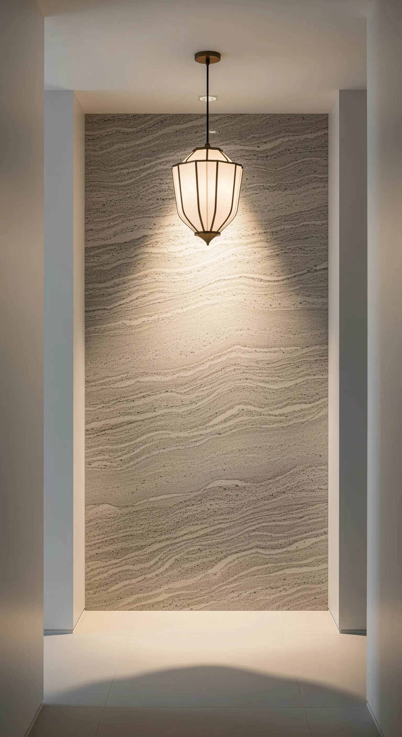 Heller, texturierter Naturstein als Akzentwand in einem minimalistischen Flur.