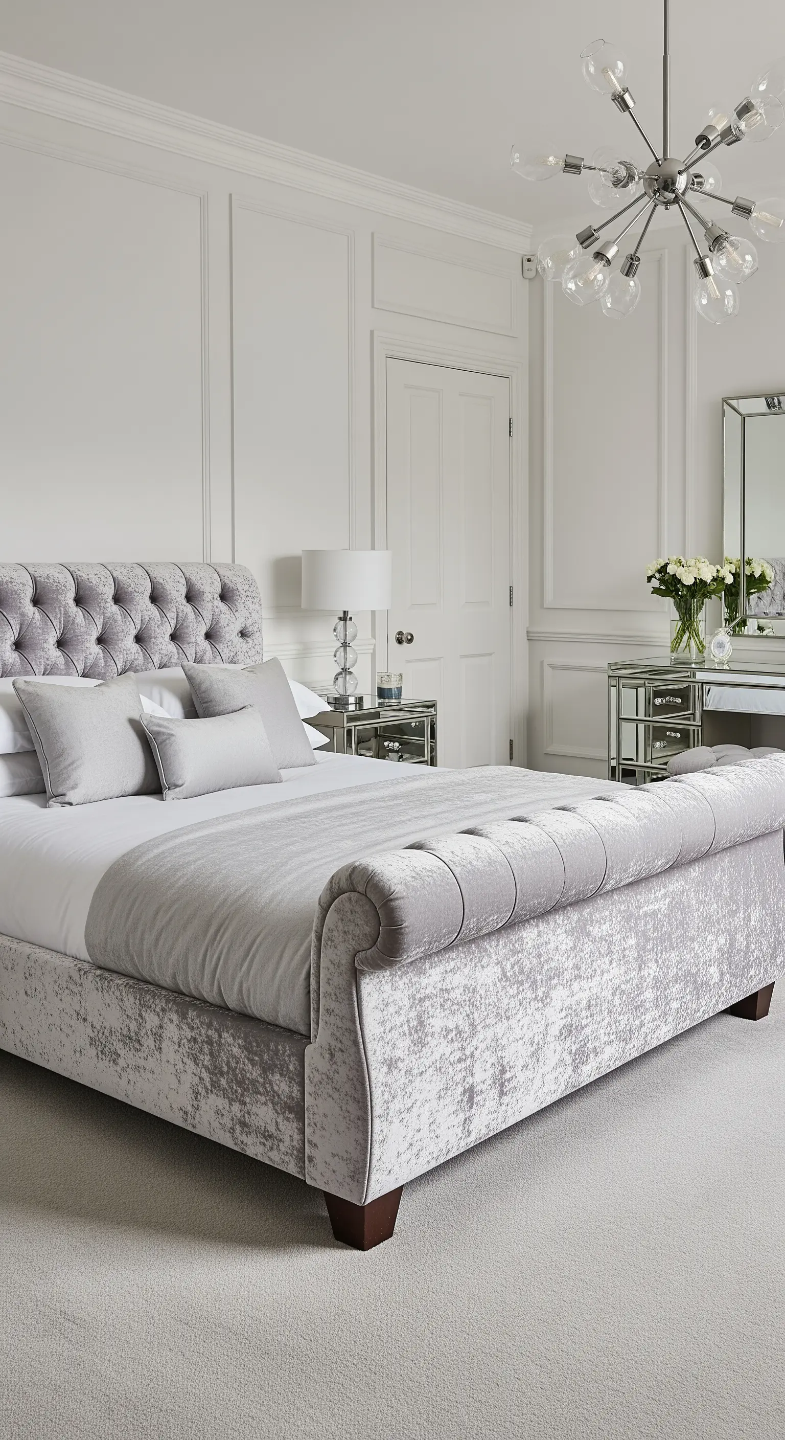 Silbergraues Schlittenbett aus Crash-Samt in einem hellen, eleganten Schlafzimmer