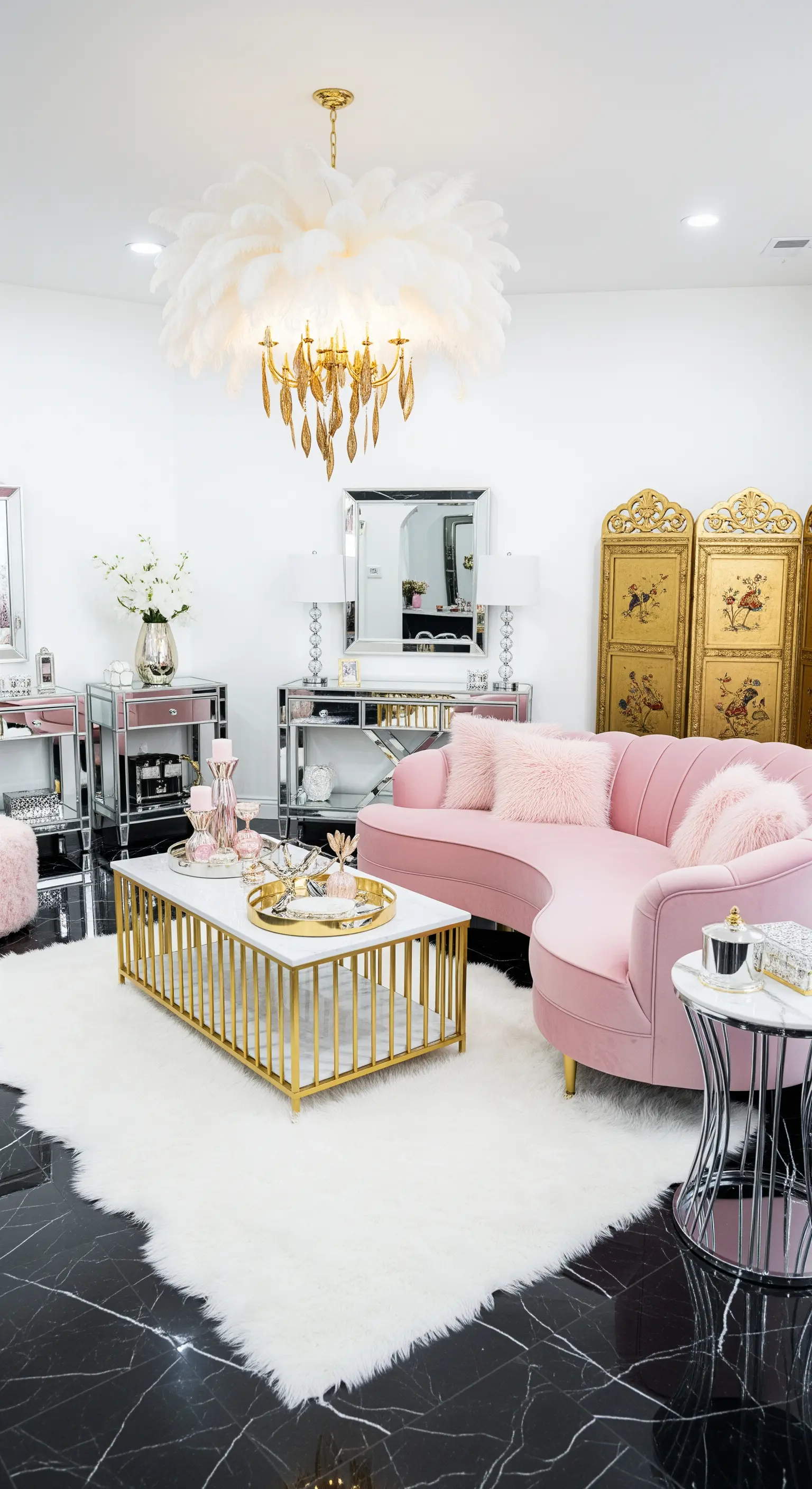 Feminines Wohnzimmer mit rosa Samtsofa, Federleuchter und Spiegeltischen.