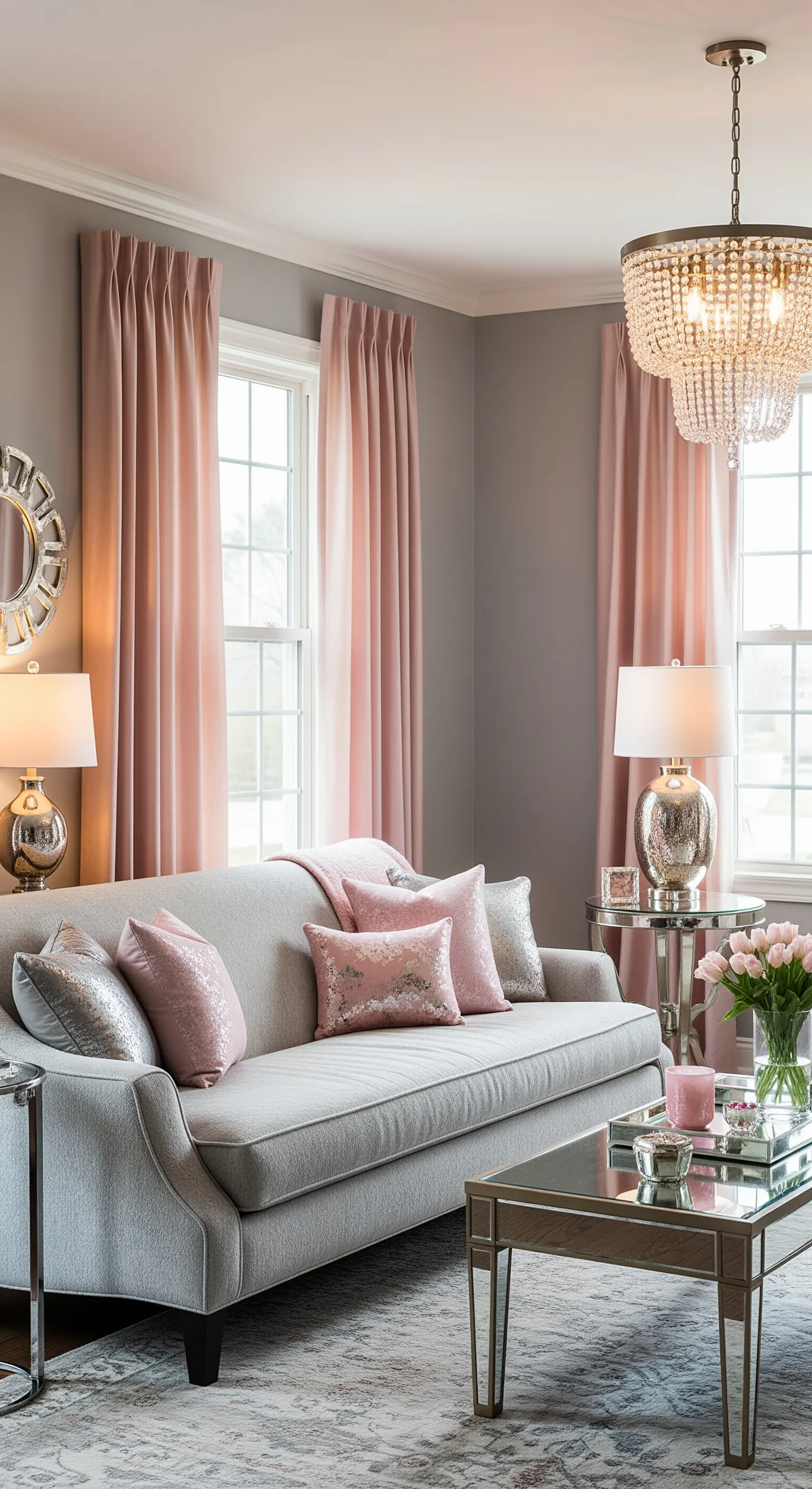 Elegantes Wohnzimmer mit grauen Wänden, rosa Seidenvorhängen und Spiegelmöbeln.