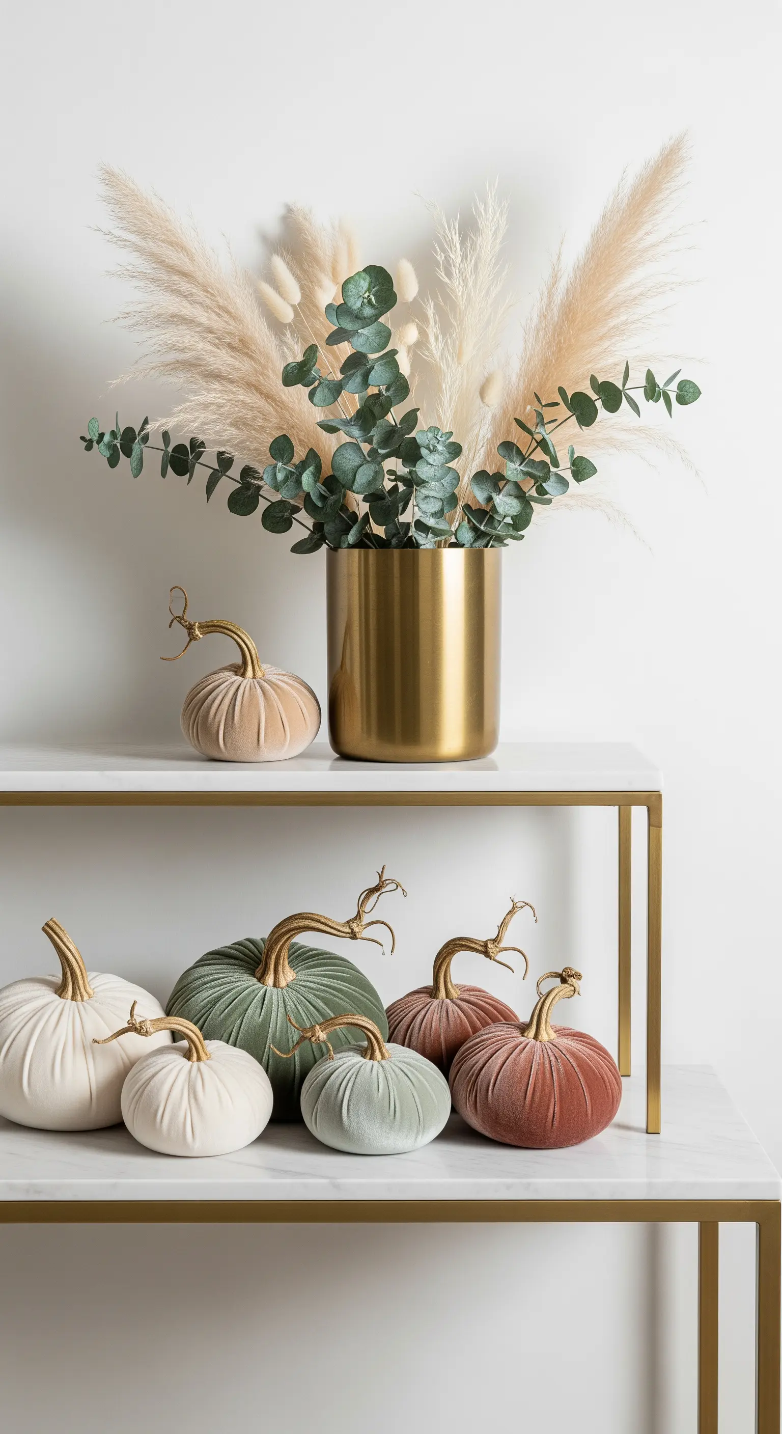 Moderne Herbstdeko mit Samt-Kürbissen in Pastelltönen und Pampasgras in Goldvase.