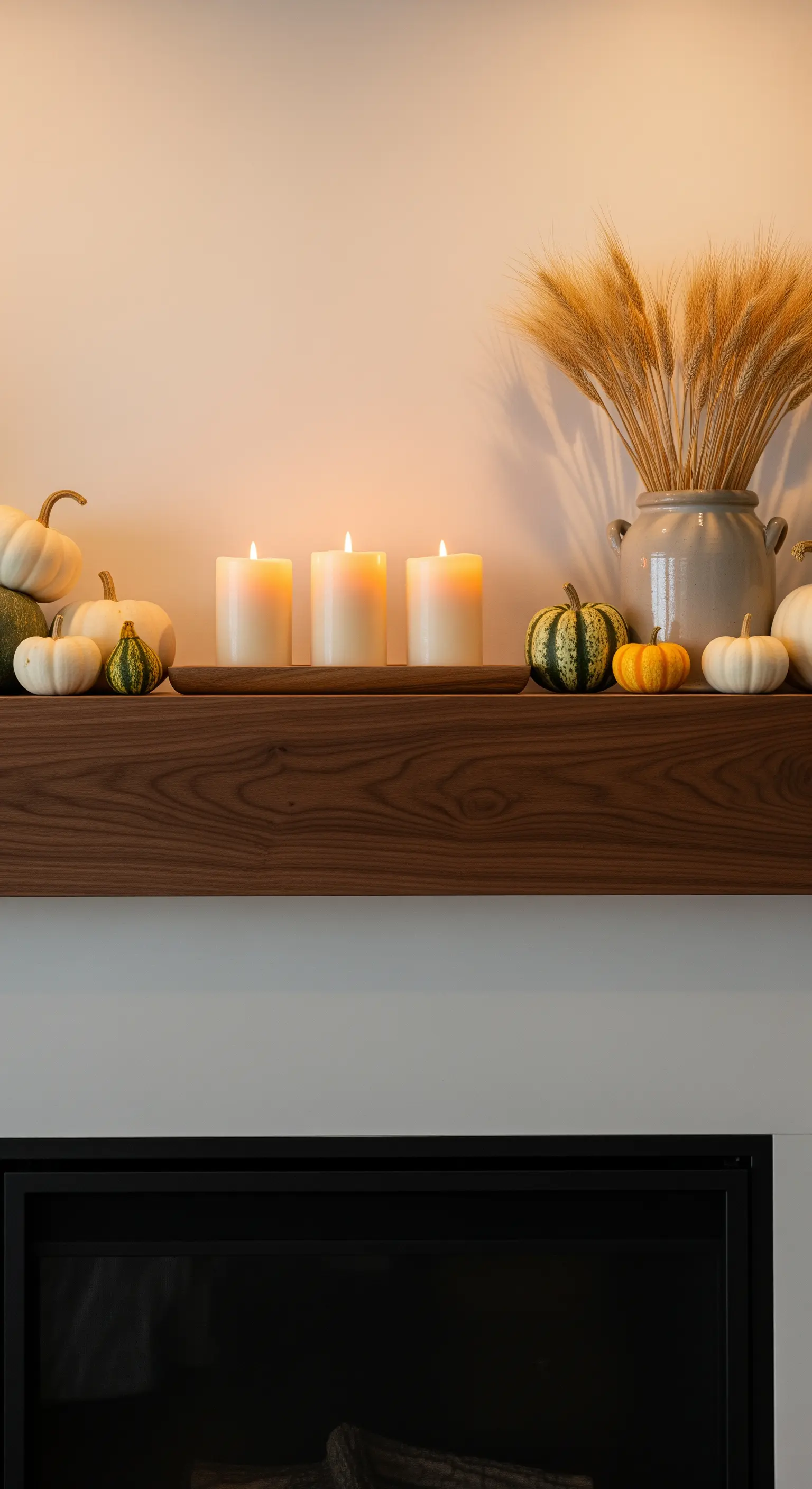 Frühe Herbstdeko für den Kamin mit weißen Kürbissen, Getreideähren und Kerzen.