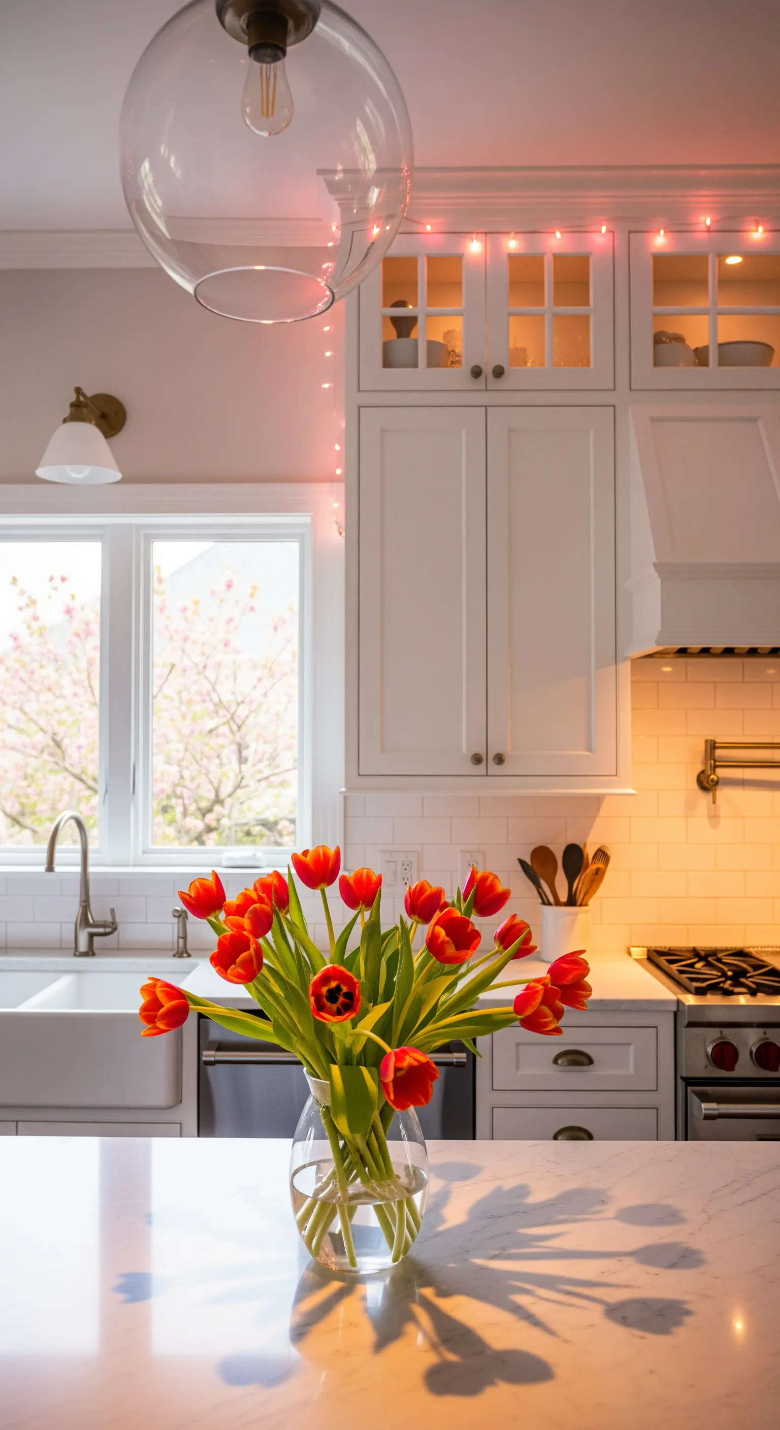 Eine helle Küche mit einer dezenten rosa Lichterkette auf den Oberschränken.