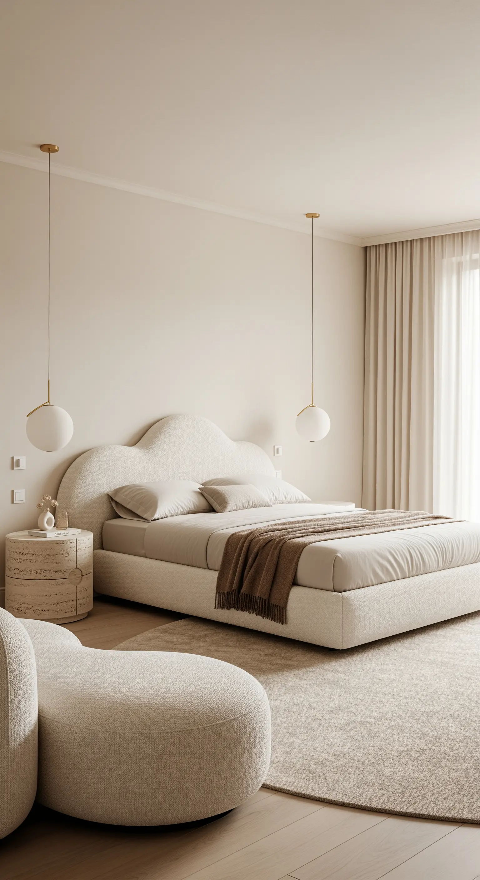 Minimalistisches Schlafzimmer in Beige mit wolkenförmigem Kopfteil und runden Möbeln aus Bouclé.