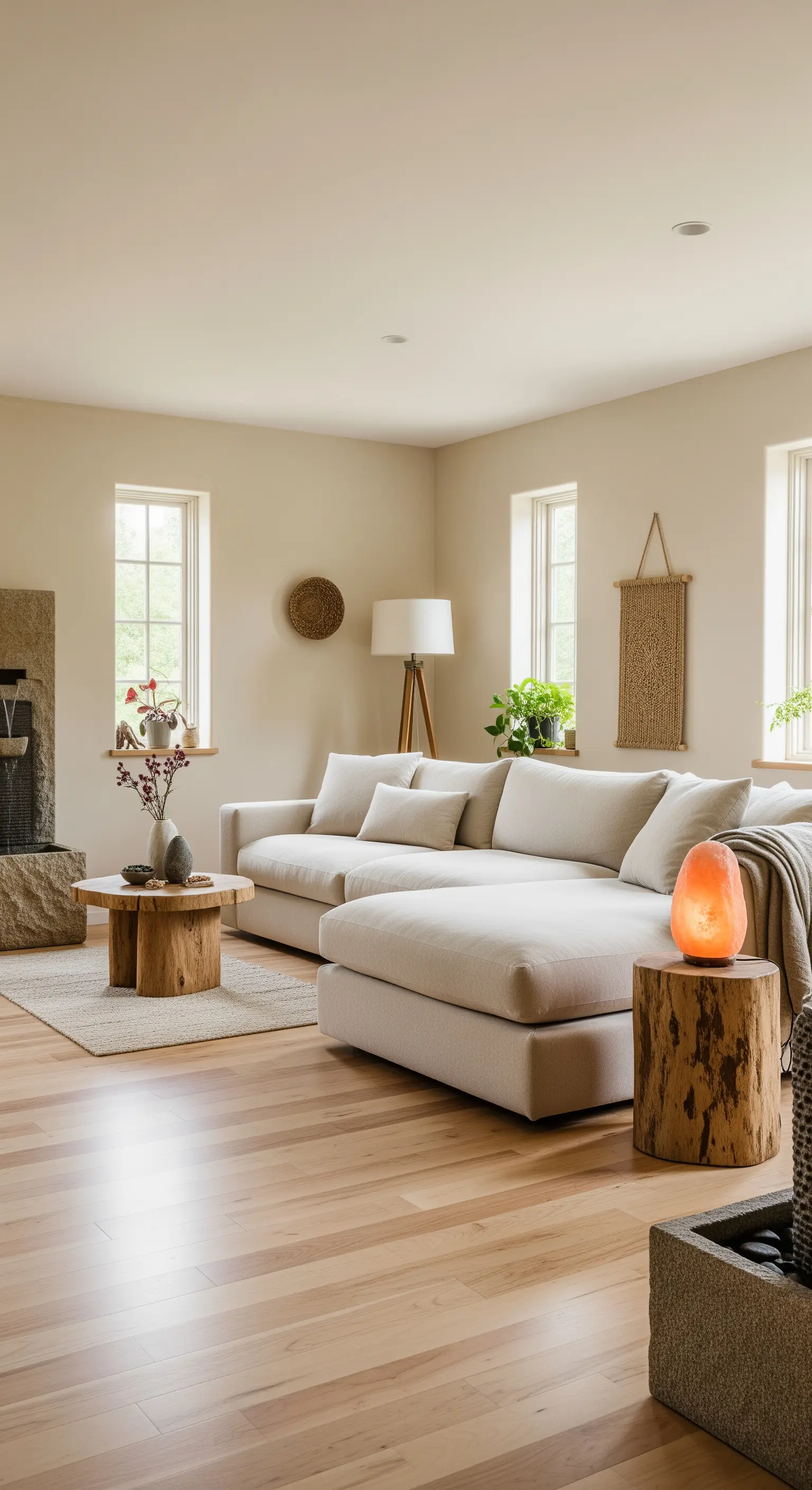 Helles Leinensofa in einem minimalistischen Wohnzimmer mit natürlichen Holzelementen und einer Salzkristall-Lampe.